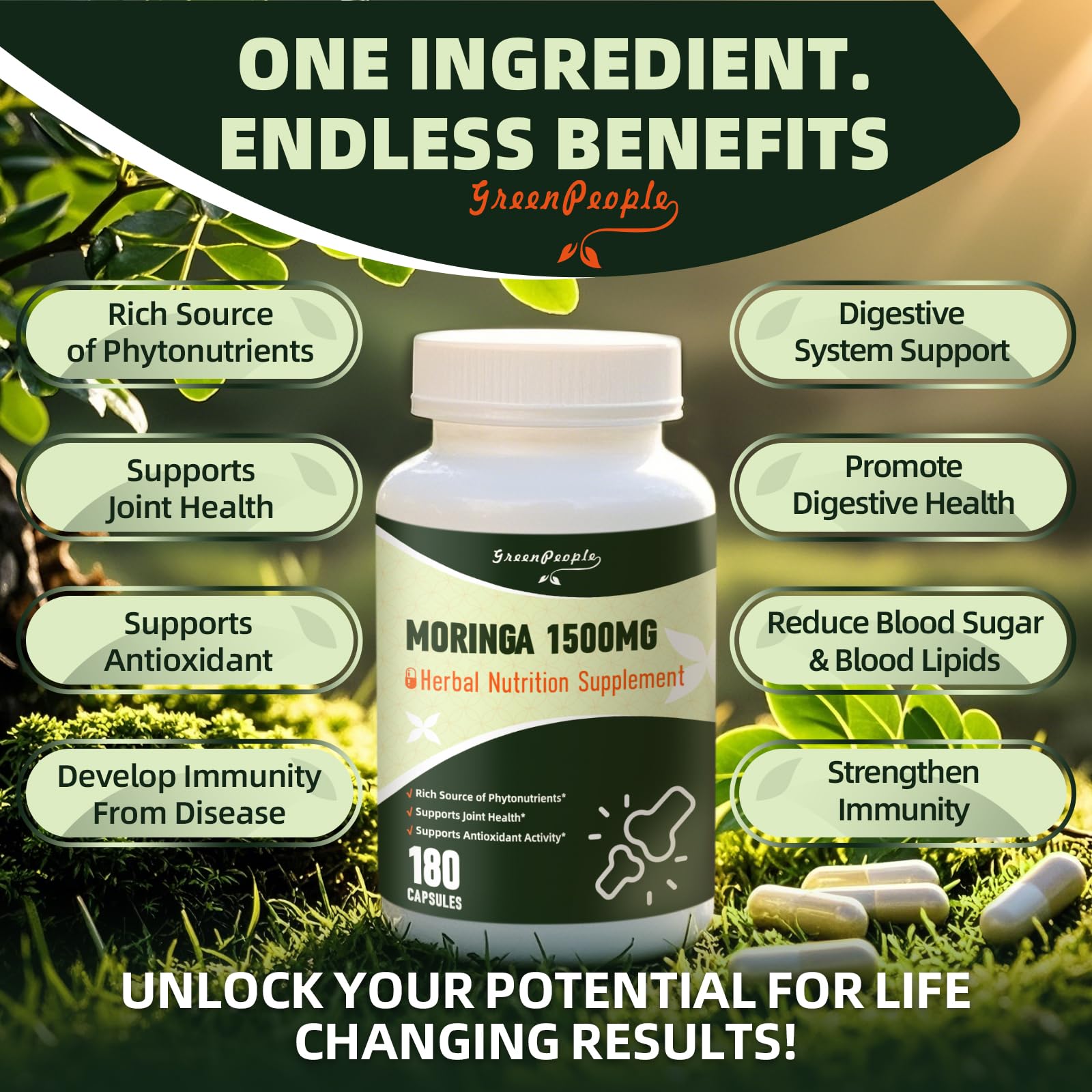 GREENPEOPLE Moringa Capsules on a wooden table