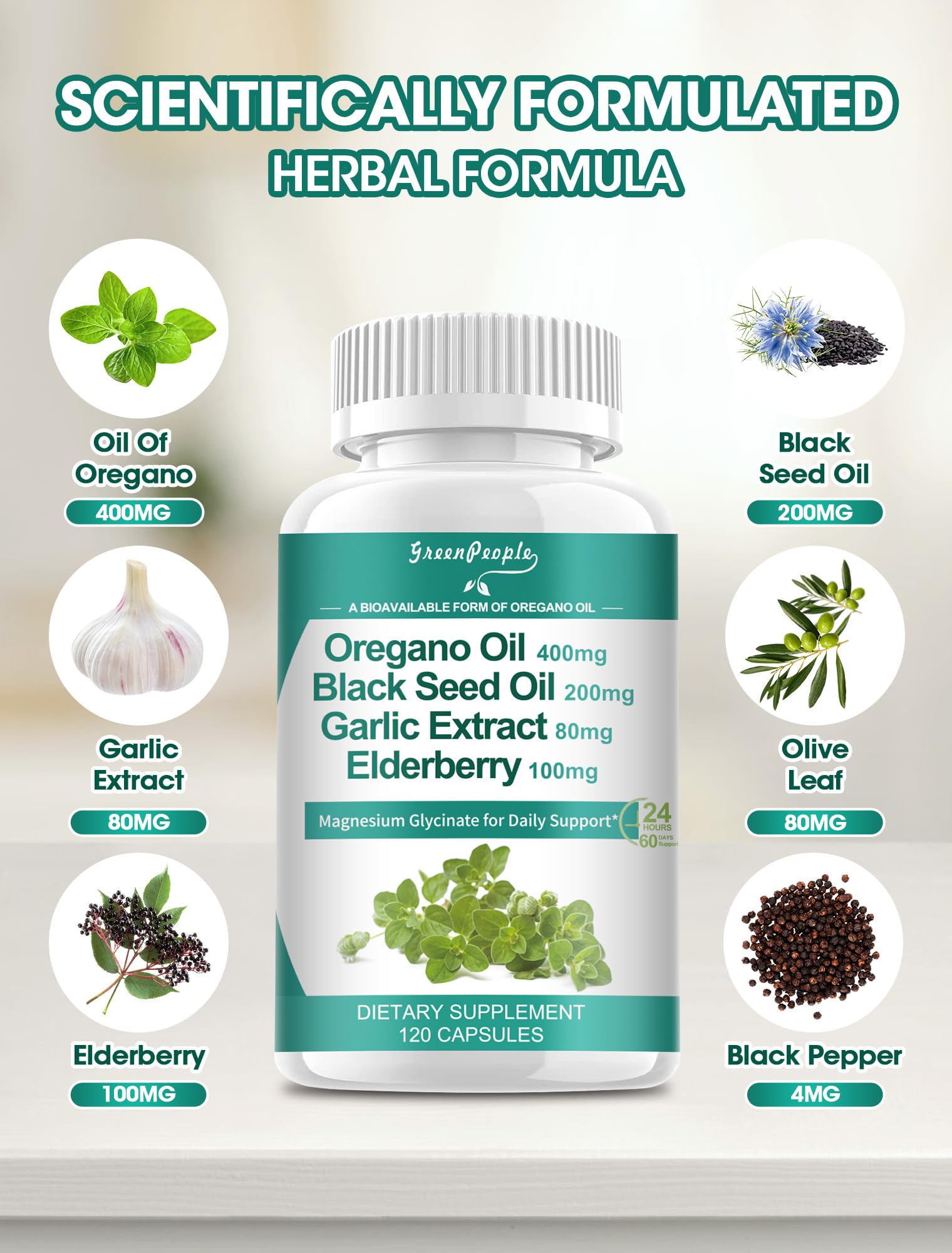 GREENPEOPLE Oregano Oil 11-in-1 Herbal Complex bottle side view