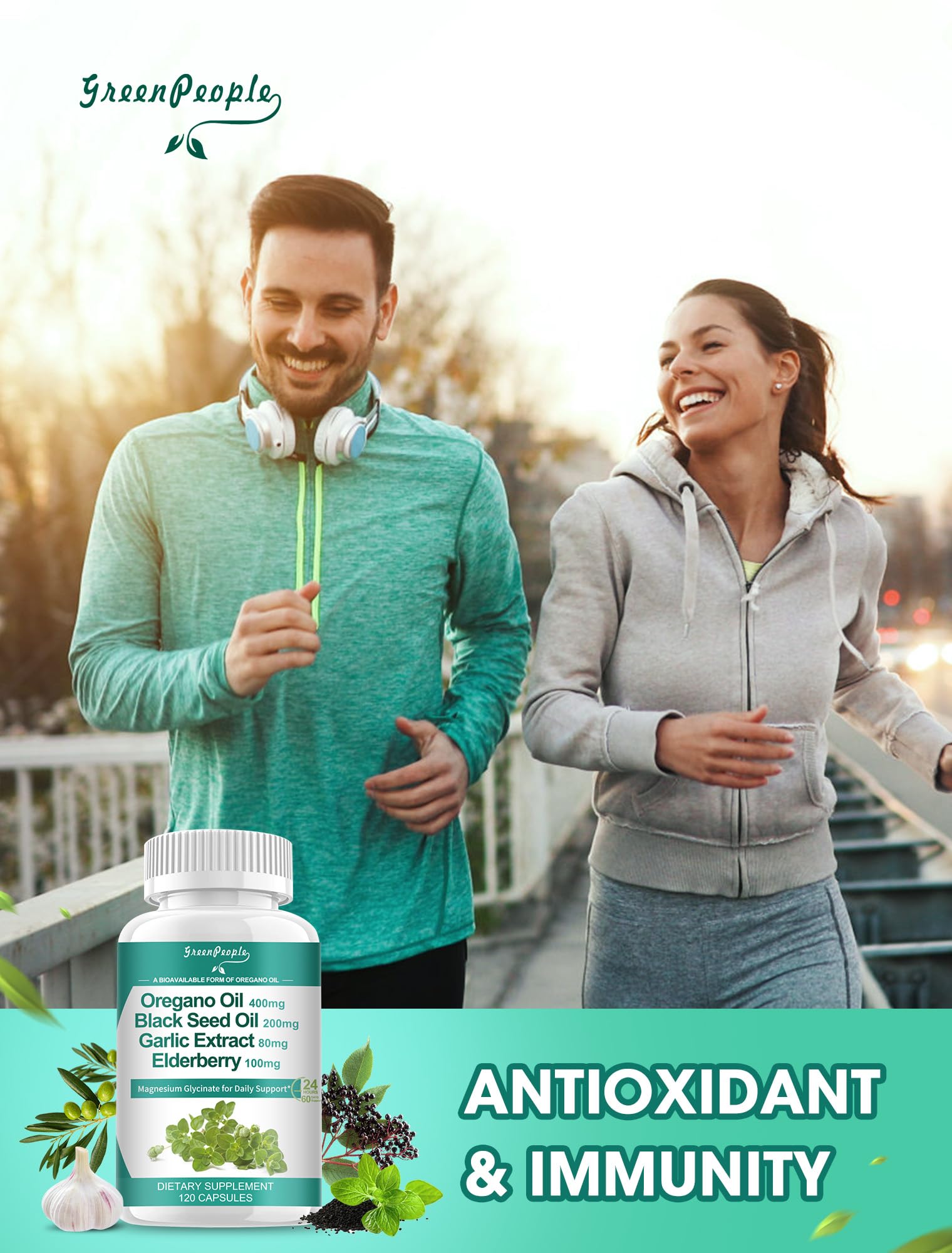 GREENPEOPLE Oregano Oil 11-in-1 Herbal Complex on a wooden table