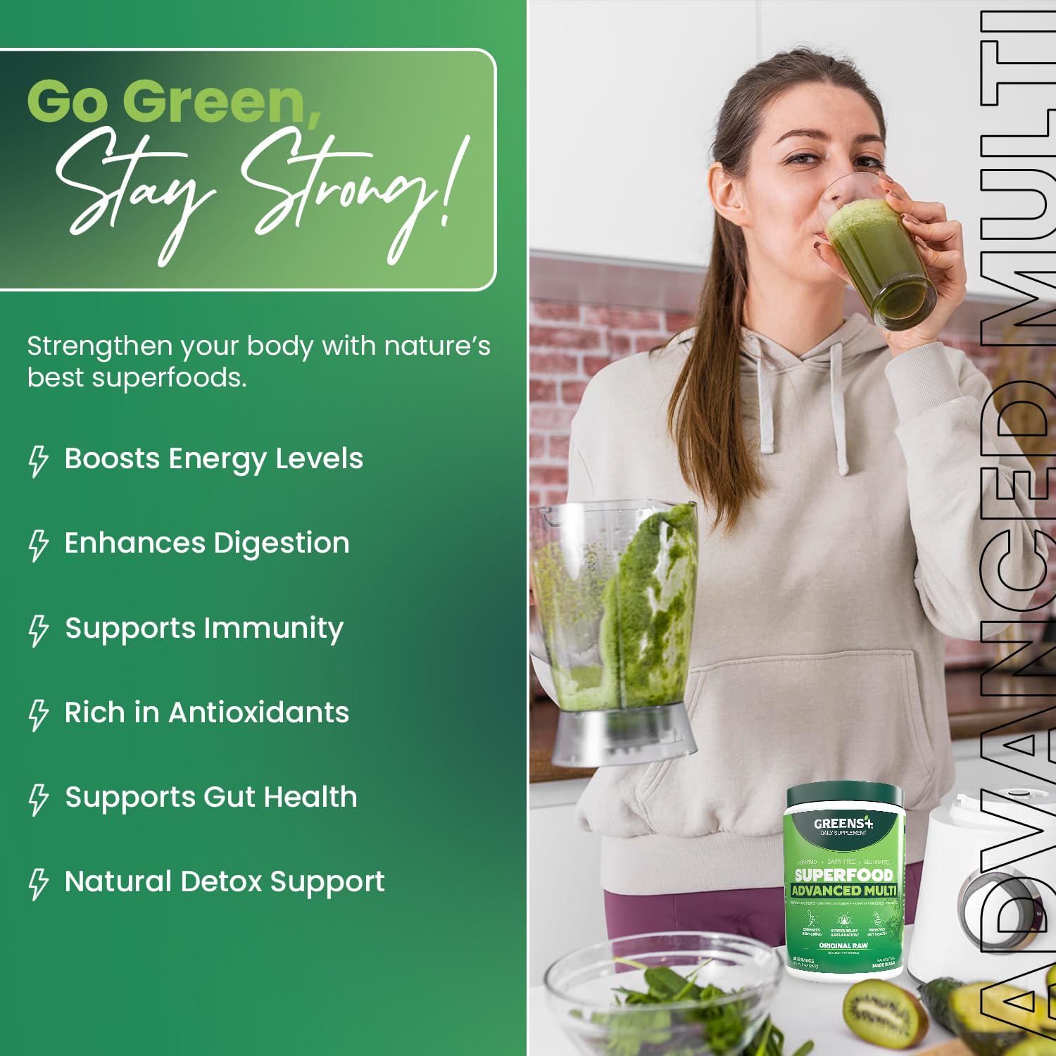 Greens+ Advanced Multi Raw Super Greens Blend 266g mixed in smoothie
