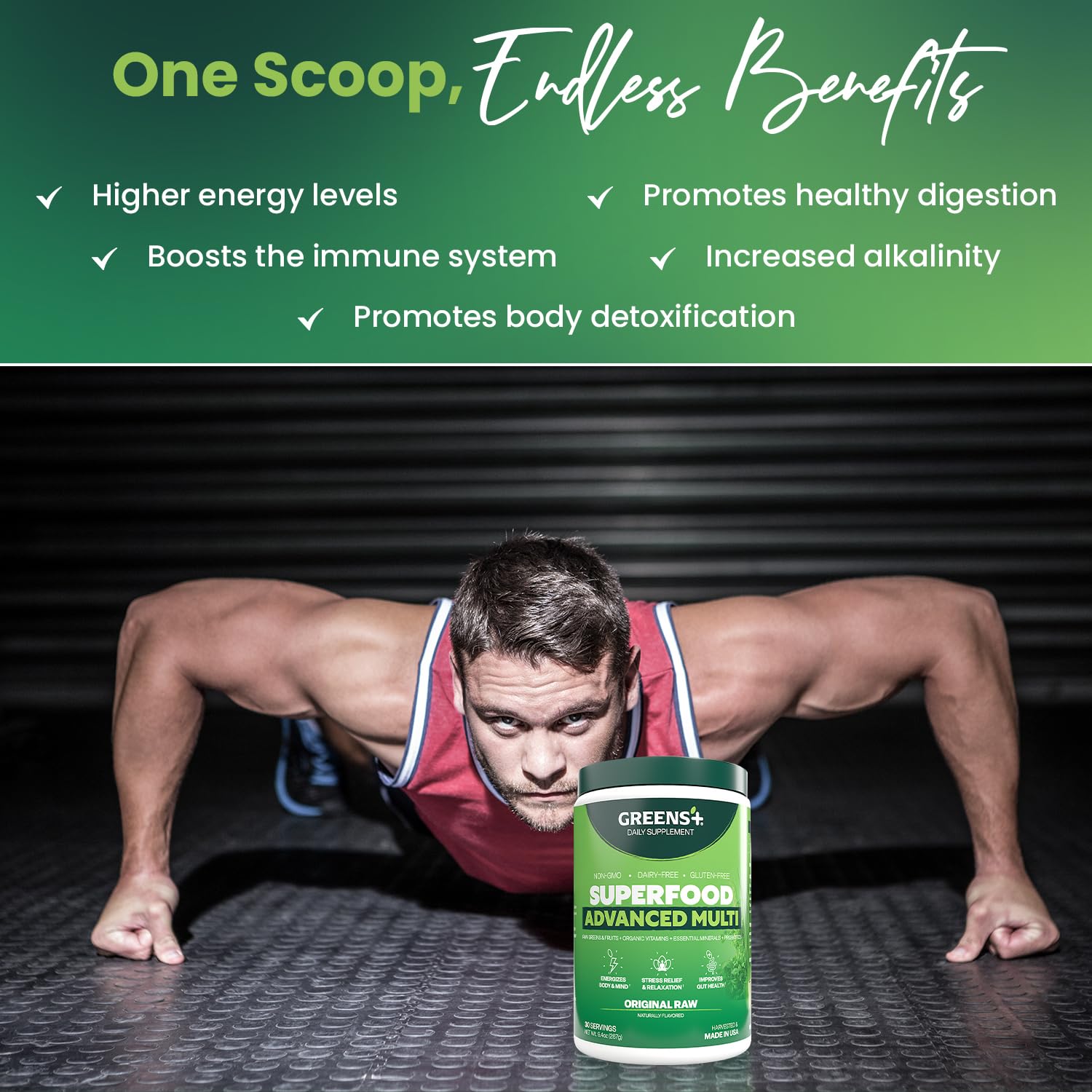 Greens+ Advanced Multi Raw Super Greens Blend 266g scoop next to powder