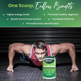 Greens+ Advanced Multi Raw Super Greens Blend 266g scoop next to powder