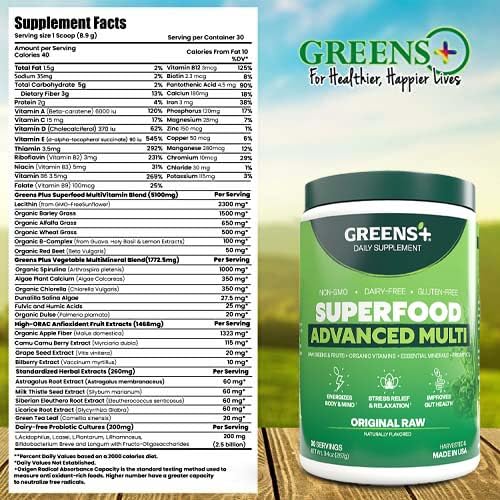 Greens+ Advanced Multi Raw Super Greens Blend 266g with fresh vegetables