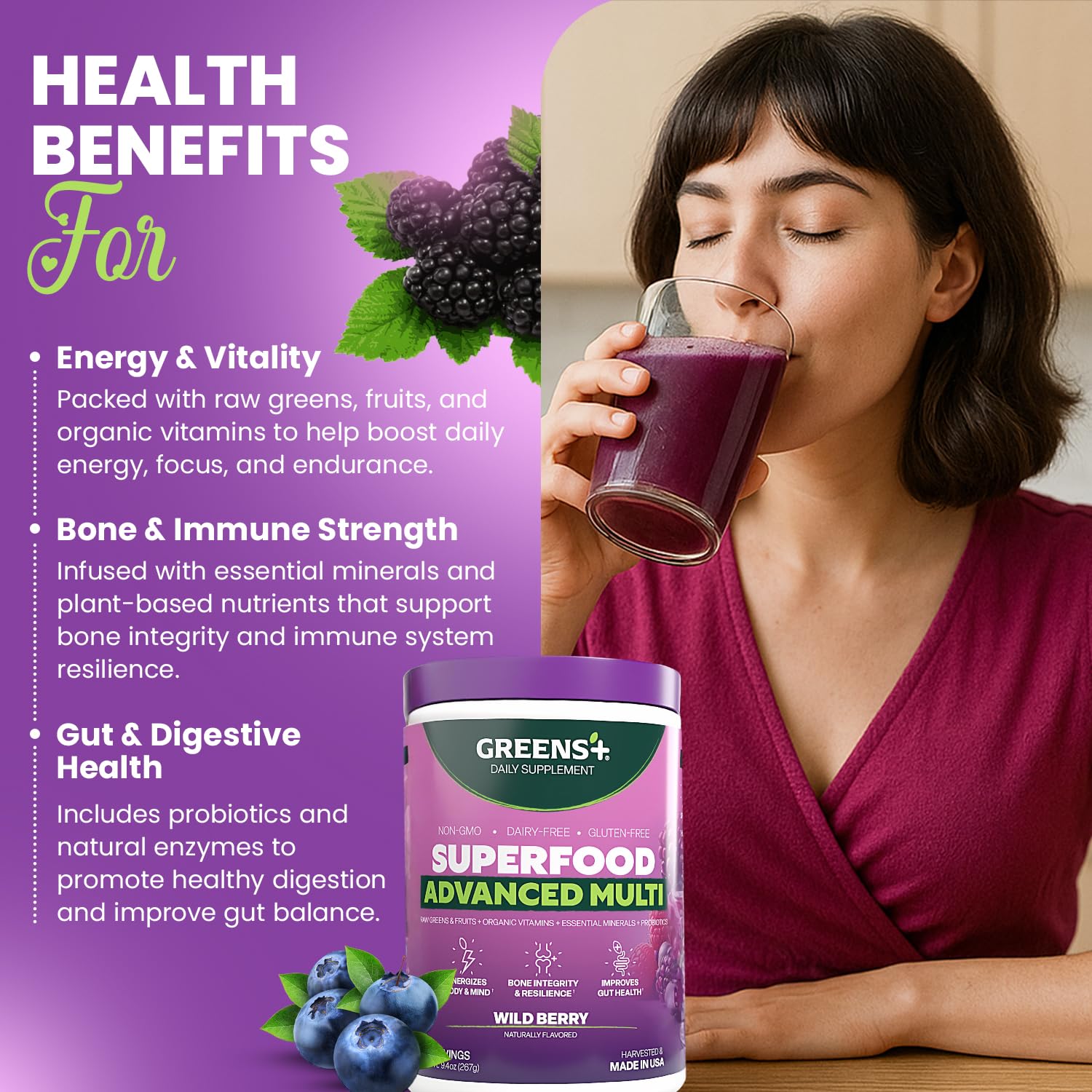 Greens+ Advanced Multi Wild Berry Powder back view packaging