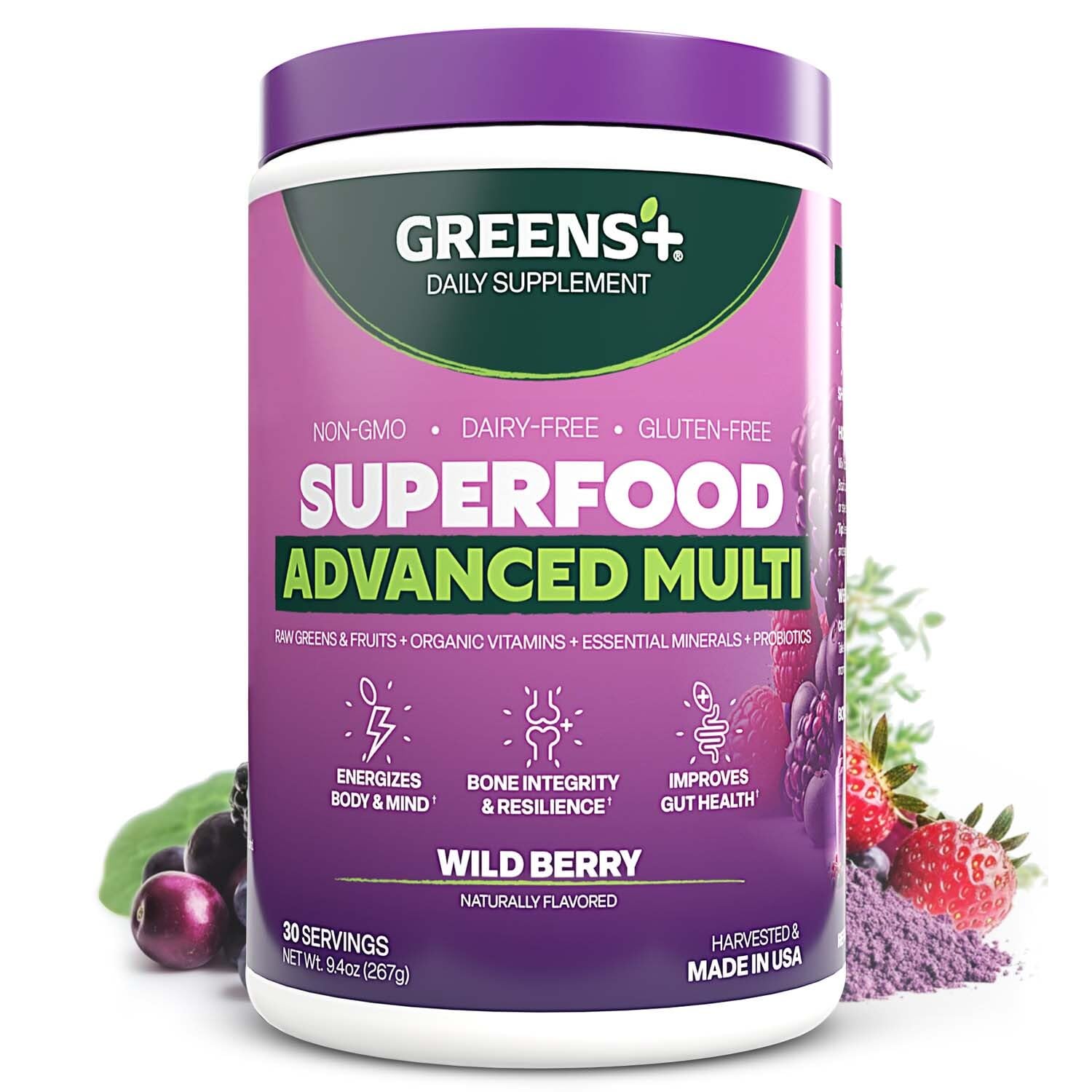 Greens+ Advanced Multi Wild Berry Powder front view packaging