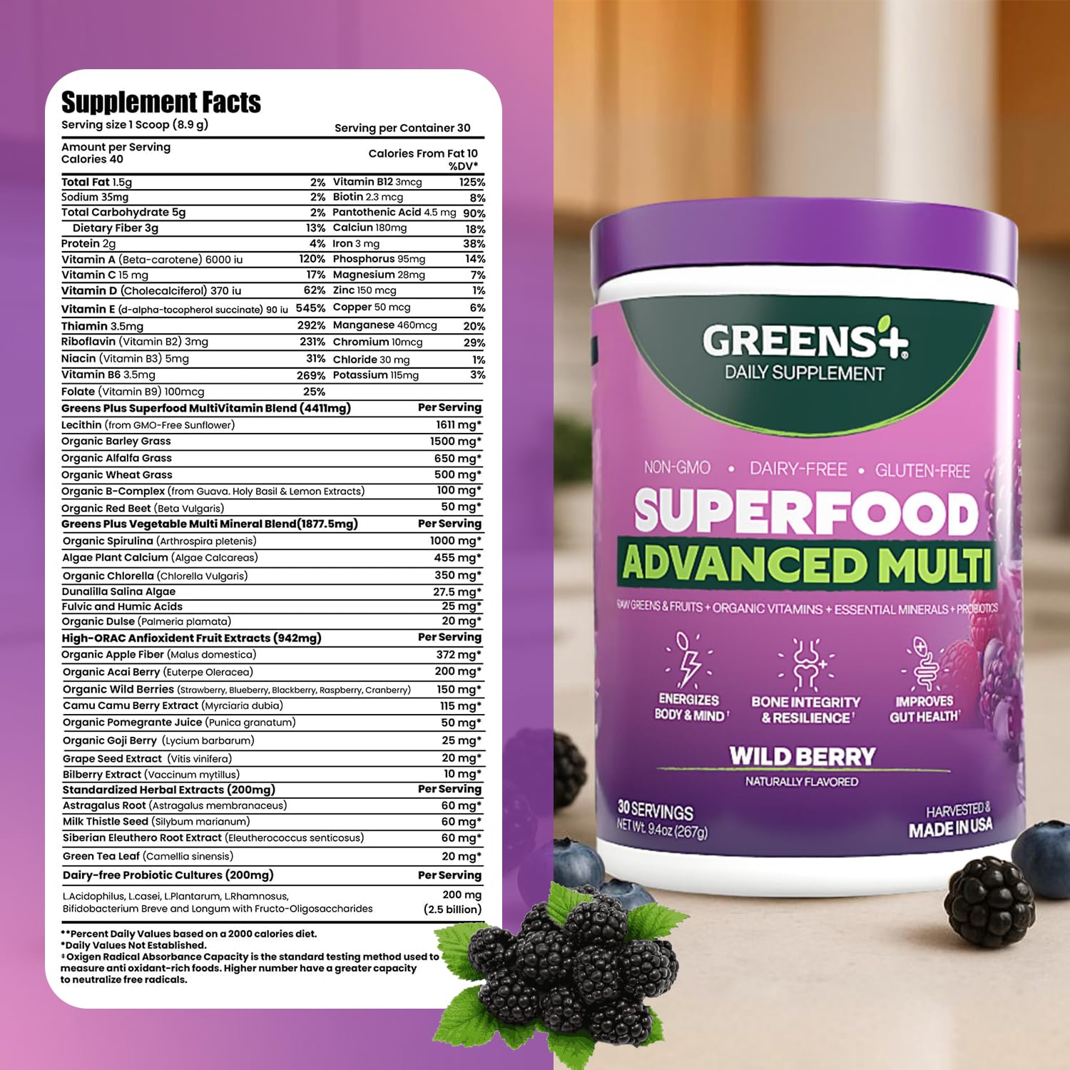 Greens+ Advanced Multi Wild Berry Powder in glass of water