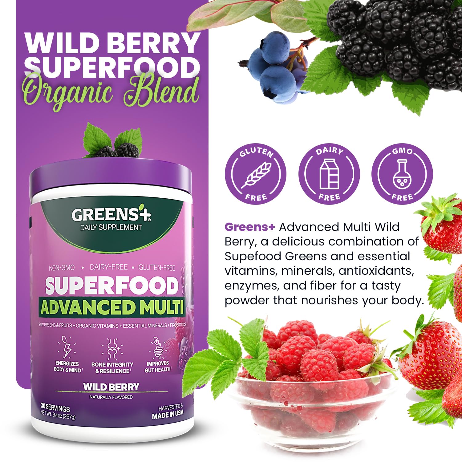 Greens+ Advanced Multi Wild Berry Powder scoop with powder
