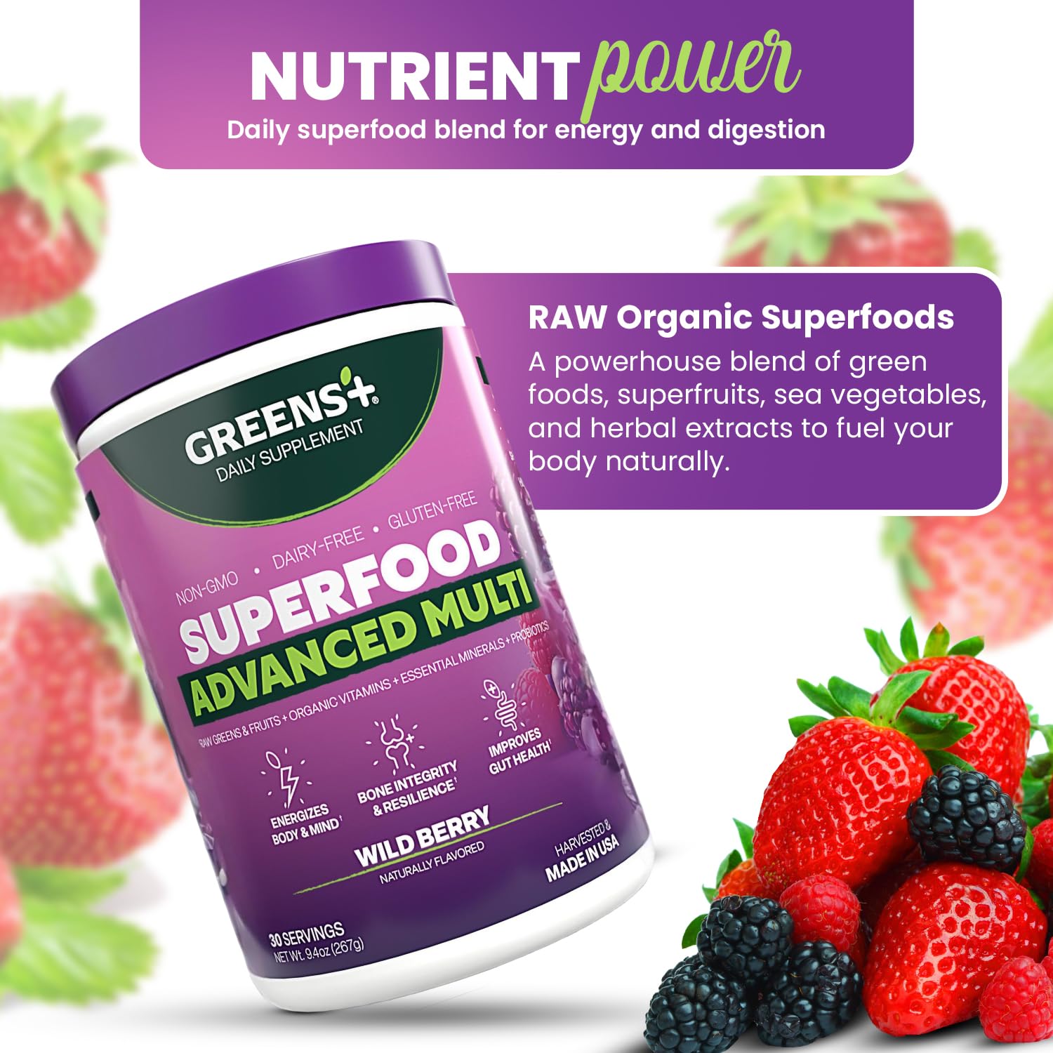Greens+ Advanced Multi Wild Berry Powder with fresh berries