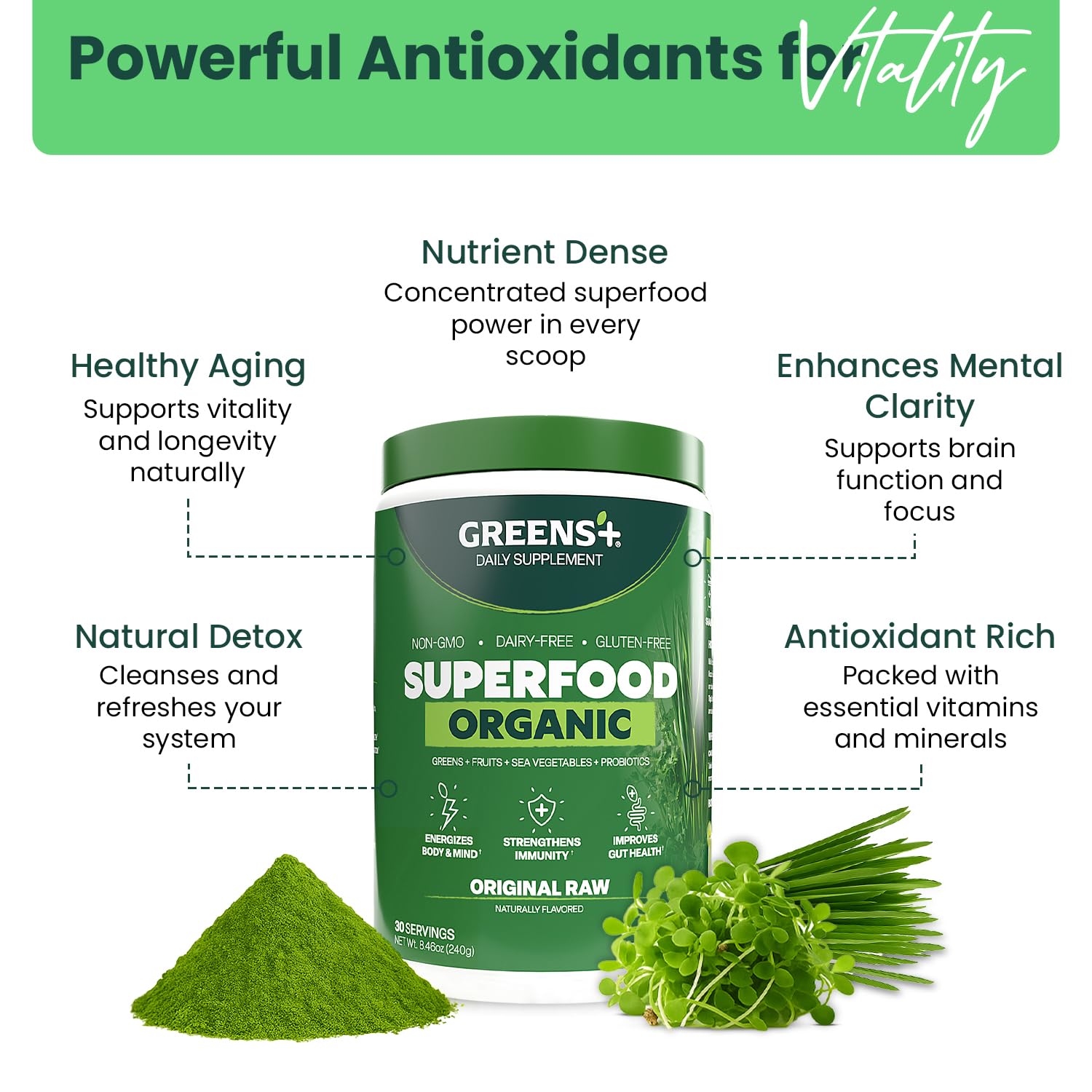 Greens+ Organic Raw Superfood Powder in a smoothie
