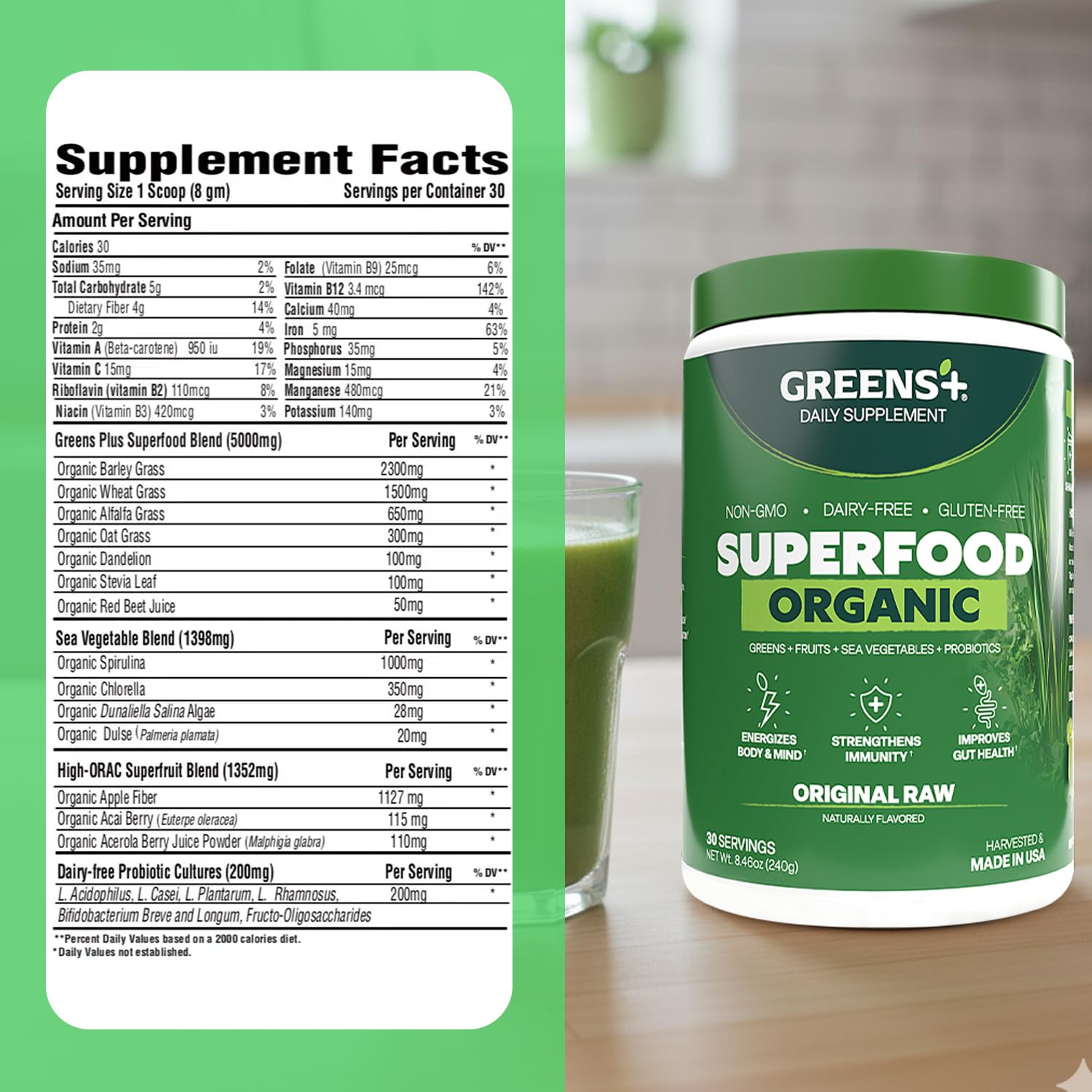 Greens+ Organic Raw Superfood Powder mixed in water