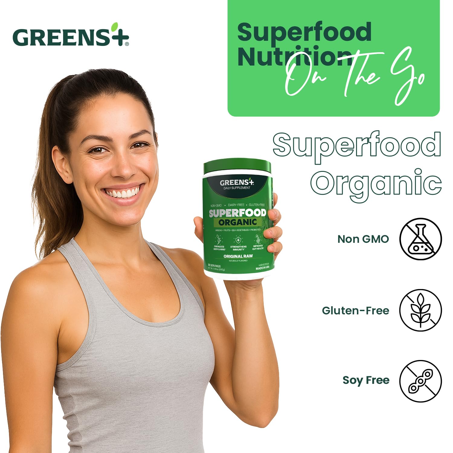 Greens+ Organic Raw Superfood Powder packaging
