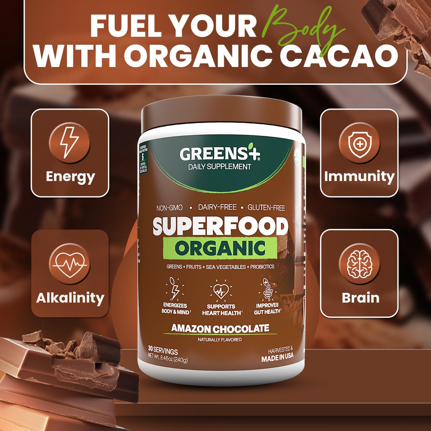 Greens+ Organic Superfood Chocolate 240g nutritional information