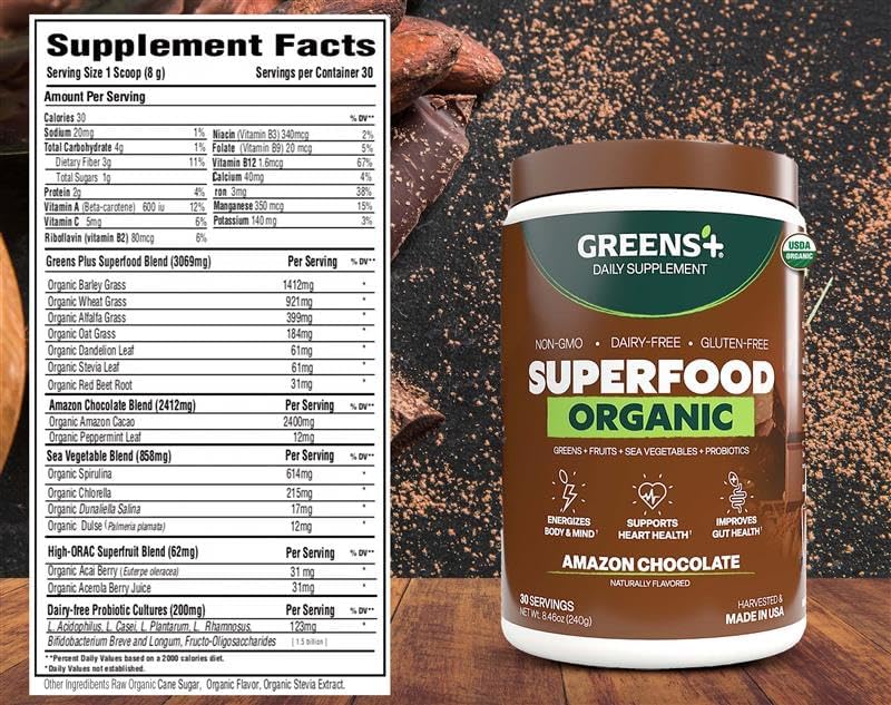 Greens+ Organic Superfood Chocolate 240g with fruits and vegetables