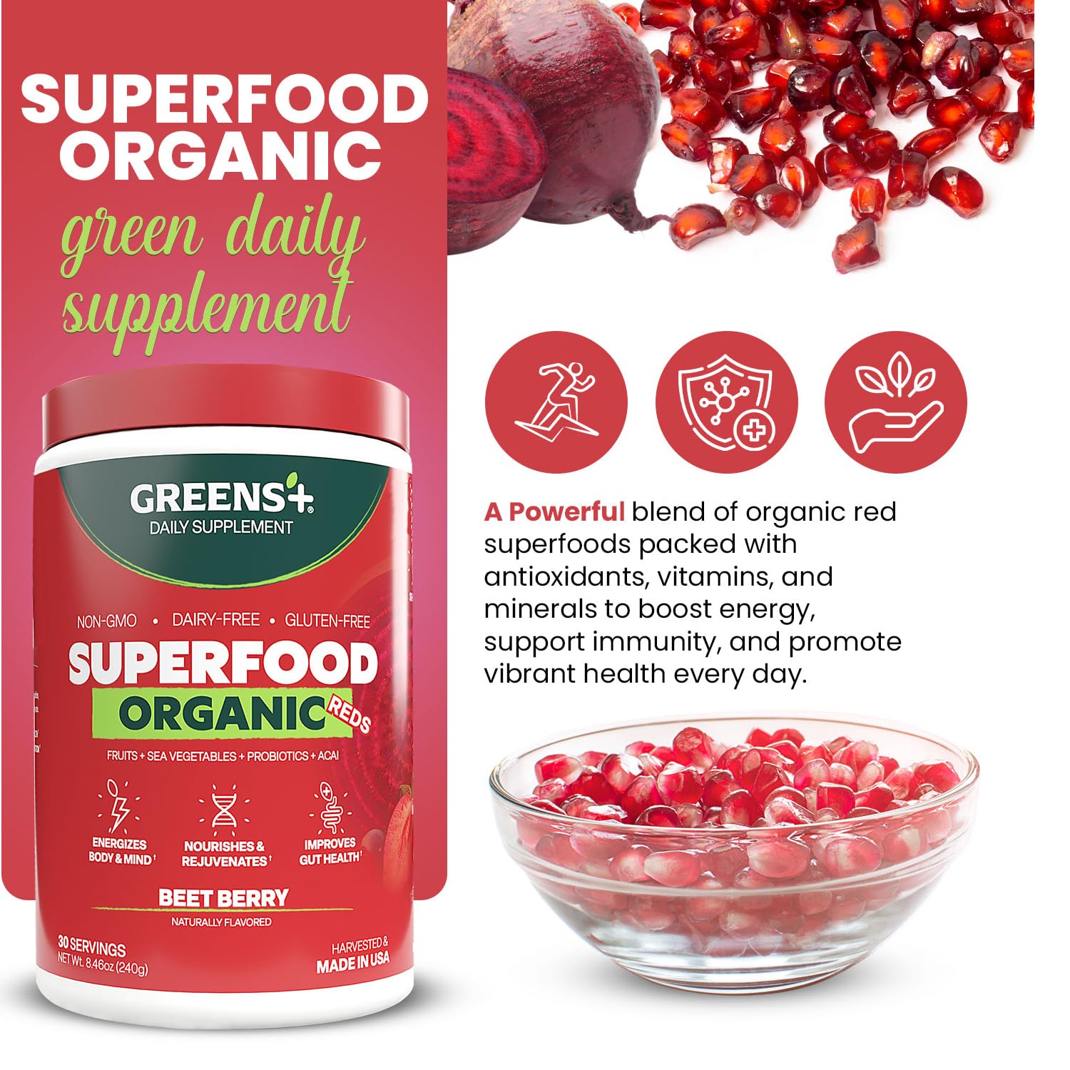 Greens+ Organic Superfood Reds Powder 322g packaging