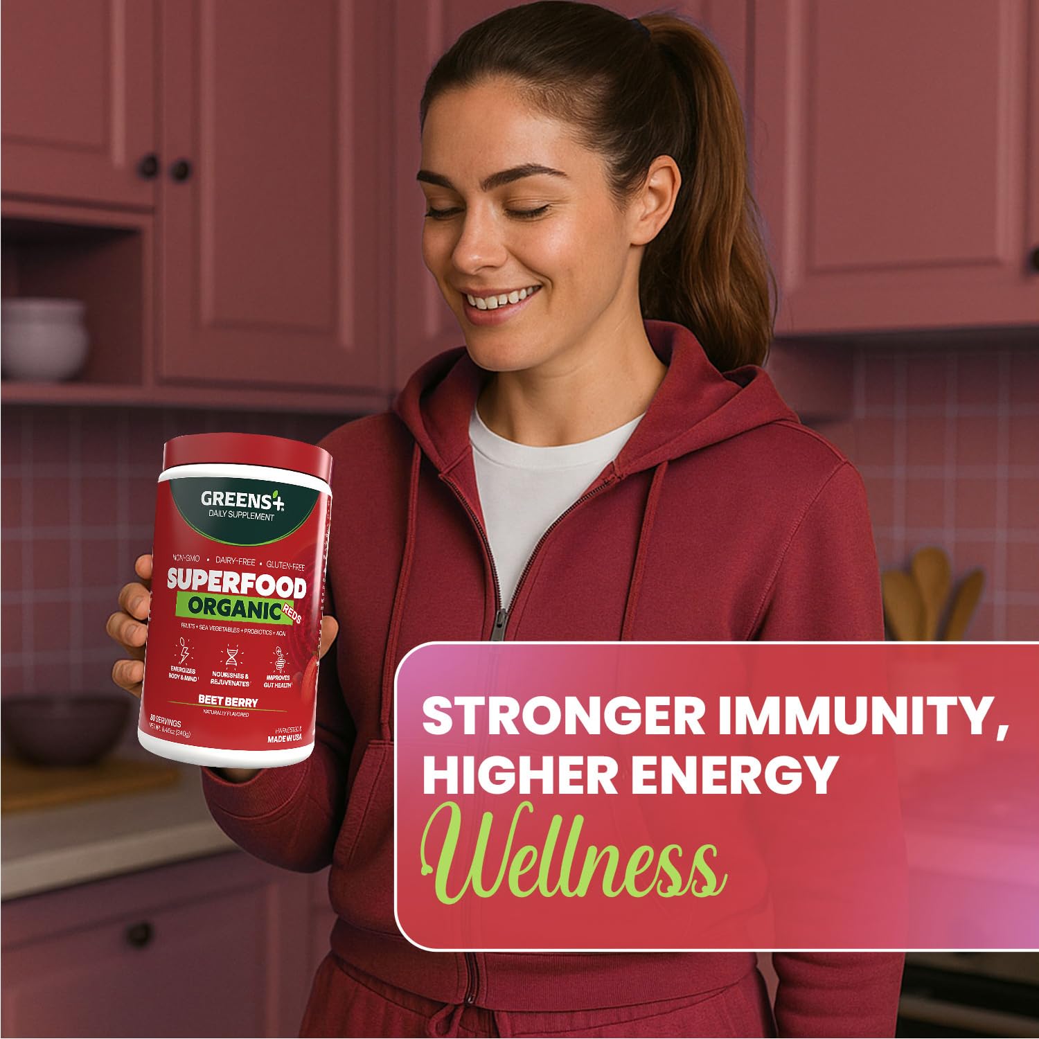 Greens+ Organic Superfood Reds Powder 322g scoop with powder