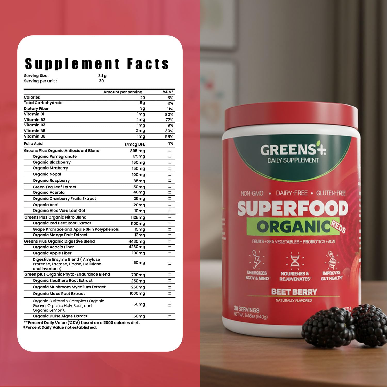 Greens+ Organic Superfood Reds Powder with fresh fruits