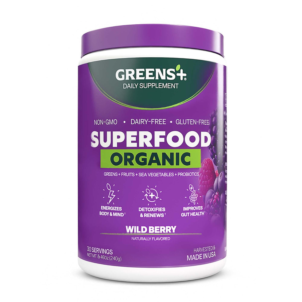 Greens+ Organic Superfood Wild Berry 240g front view