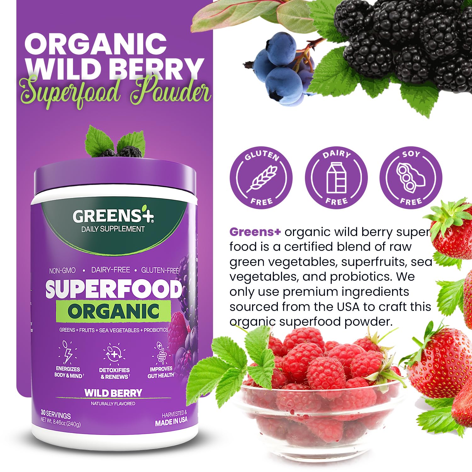 Greens+ Organic Superfood Wild Berry 240g packaging