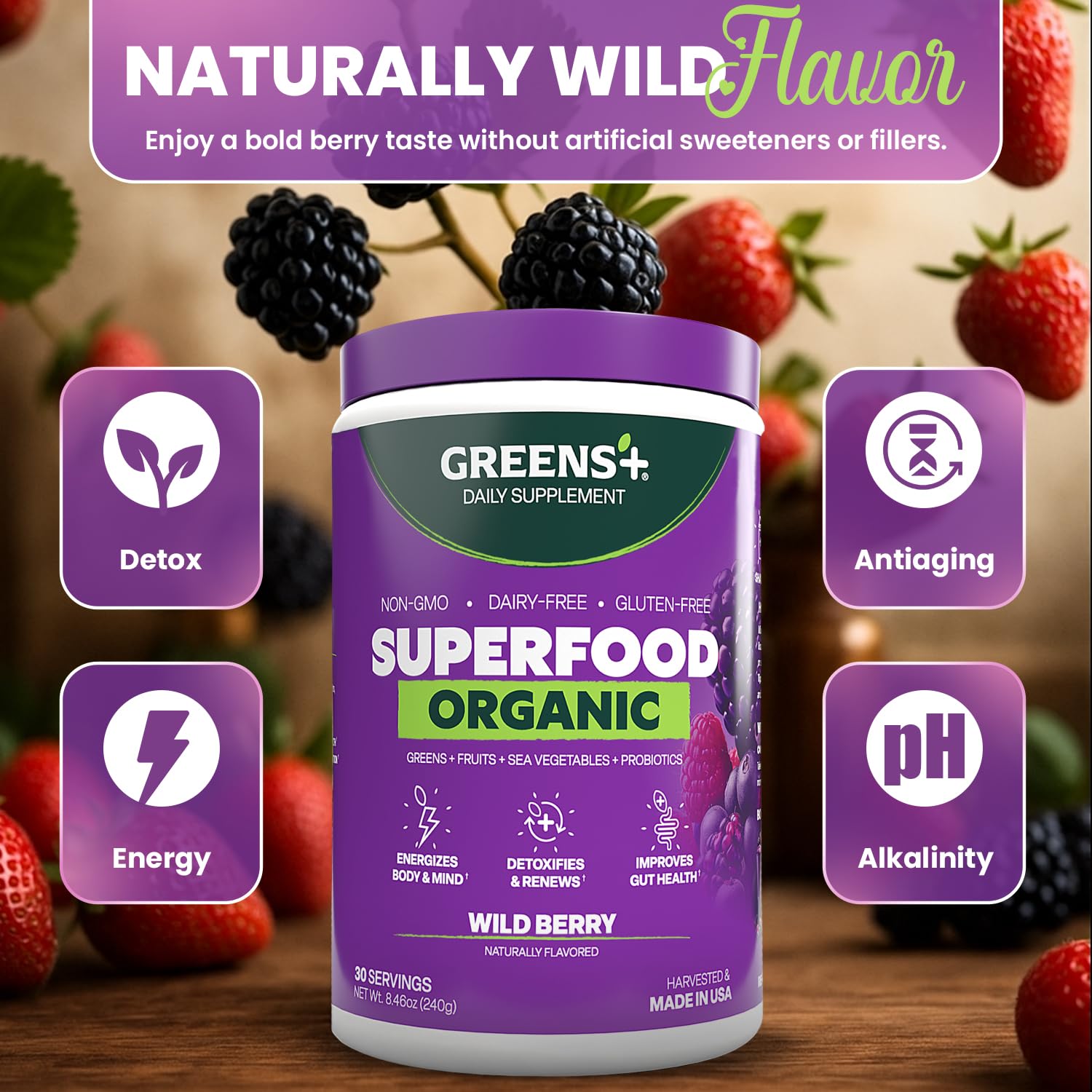 Greens+ Organic Superfood Wild Berry lifestyle scene