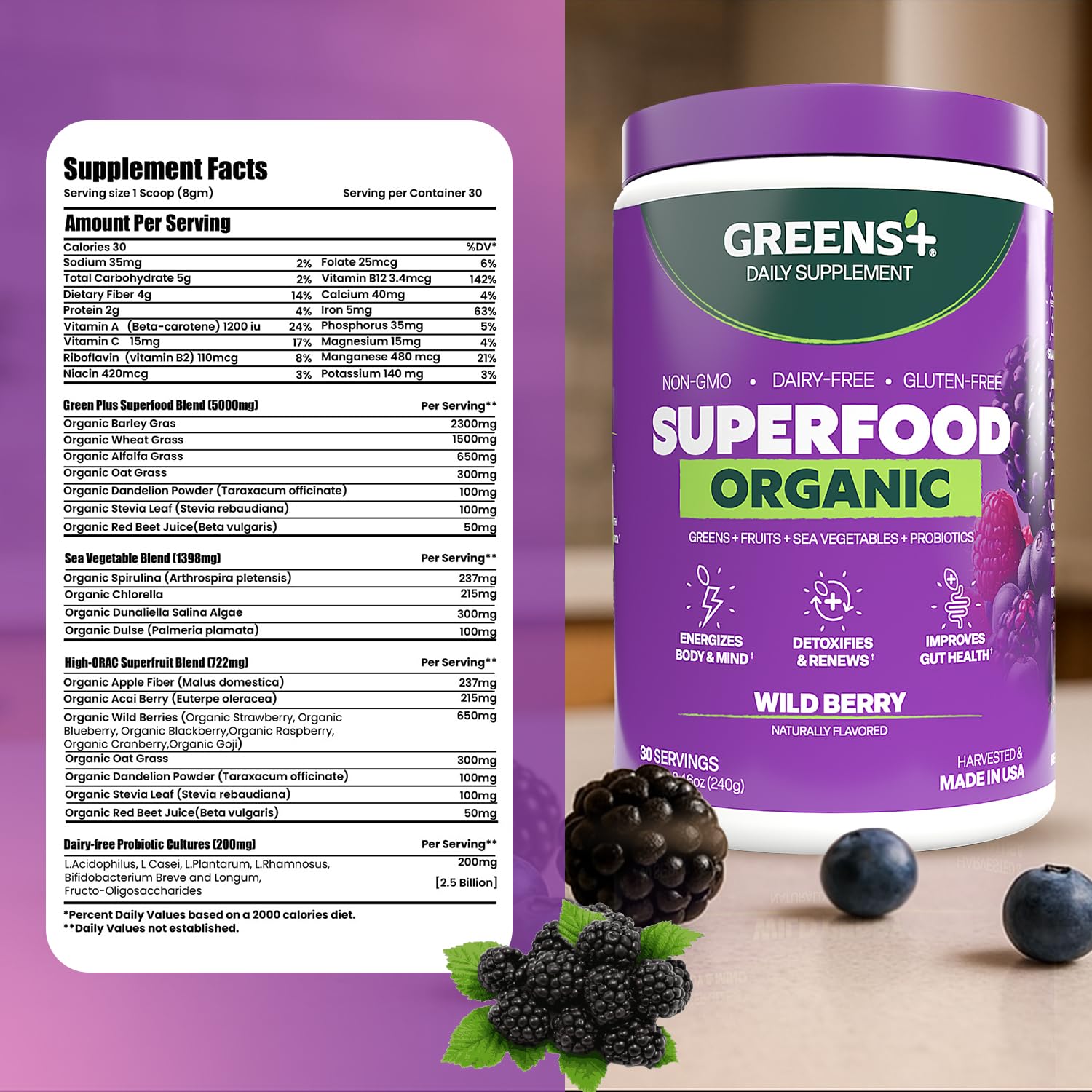 Greens+ Organic Superfood Wild Berry scoop close-up
