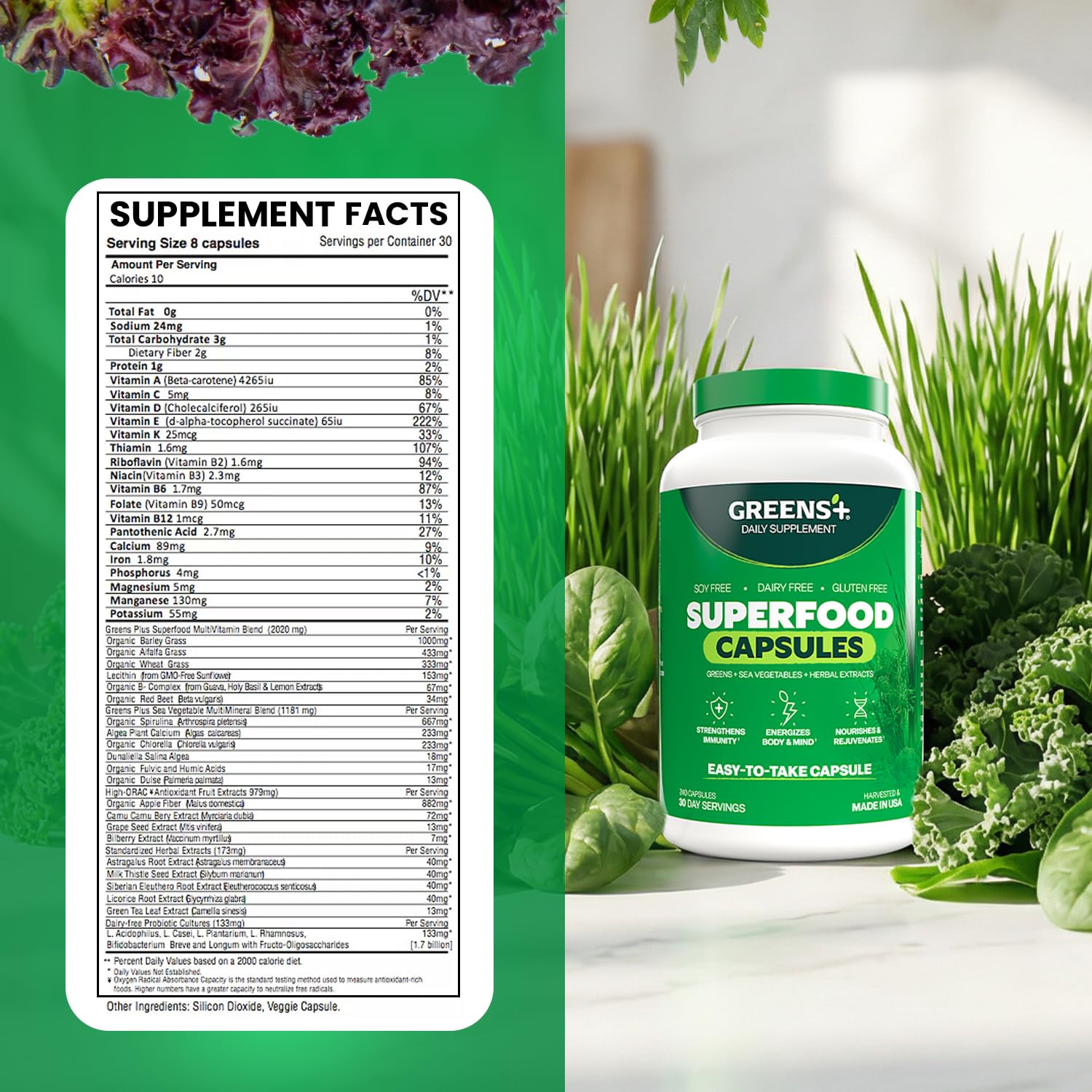 Greens+ Veggie Capsules back view with ingredient list