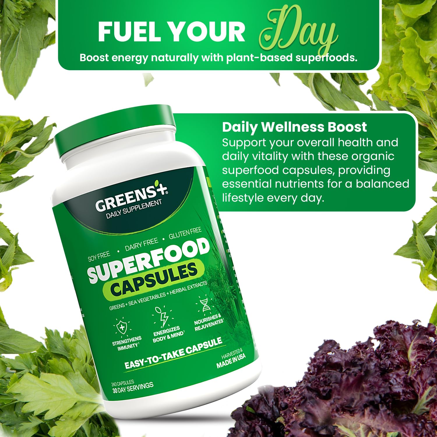 Greens+ Veggie Capsules displayed with other health supplements
