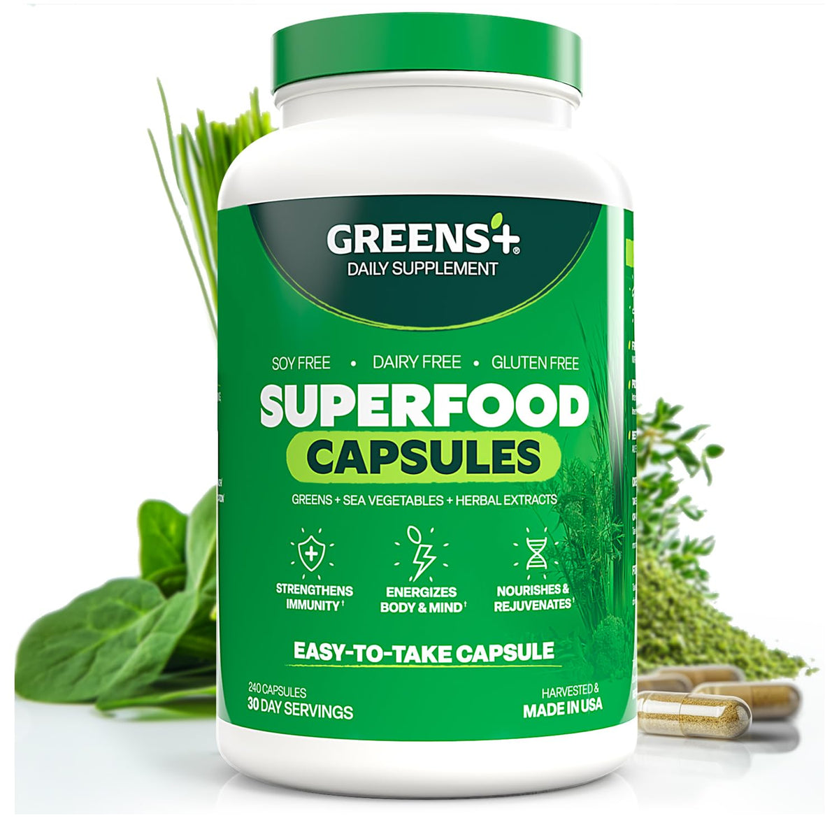Greens+ Veggie Capsules front view with packaging