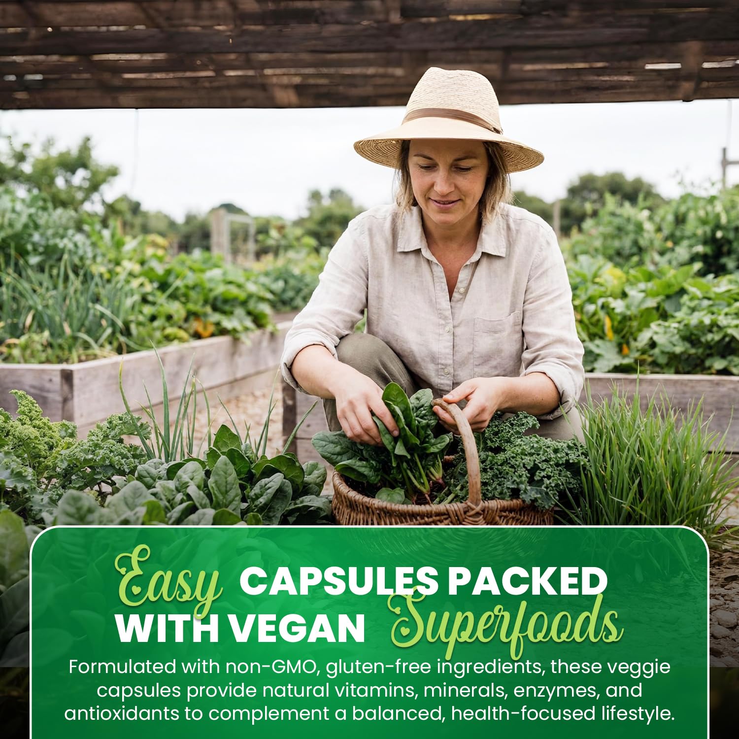 Greens+ Veggie Capsules lifestyle scene with fresh vegetables