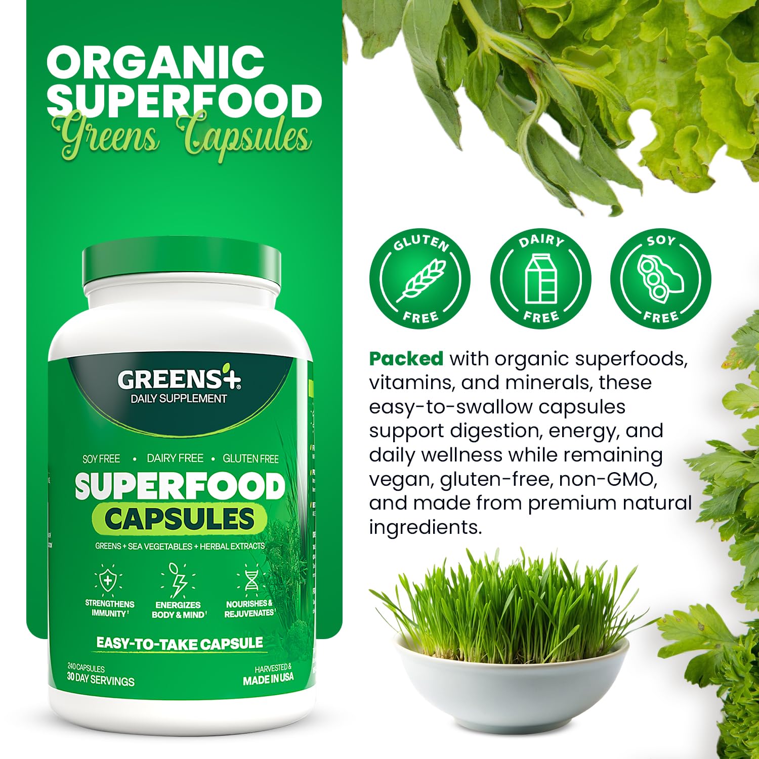 Greens+ Veggie Capsules side view showing capsule details