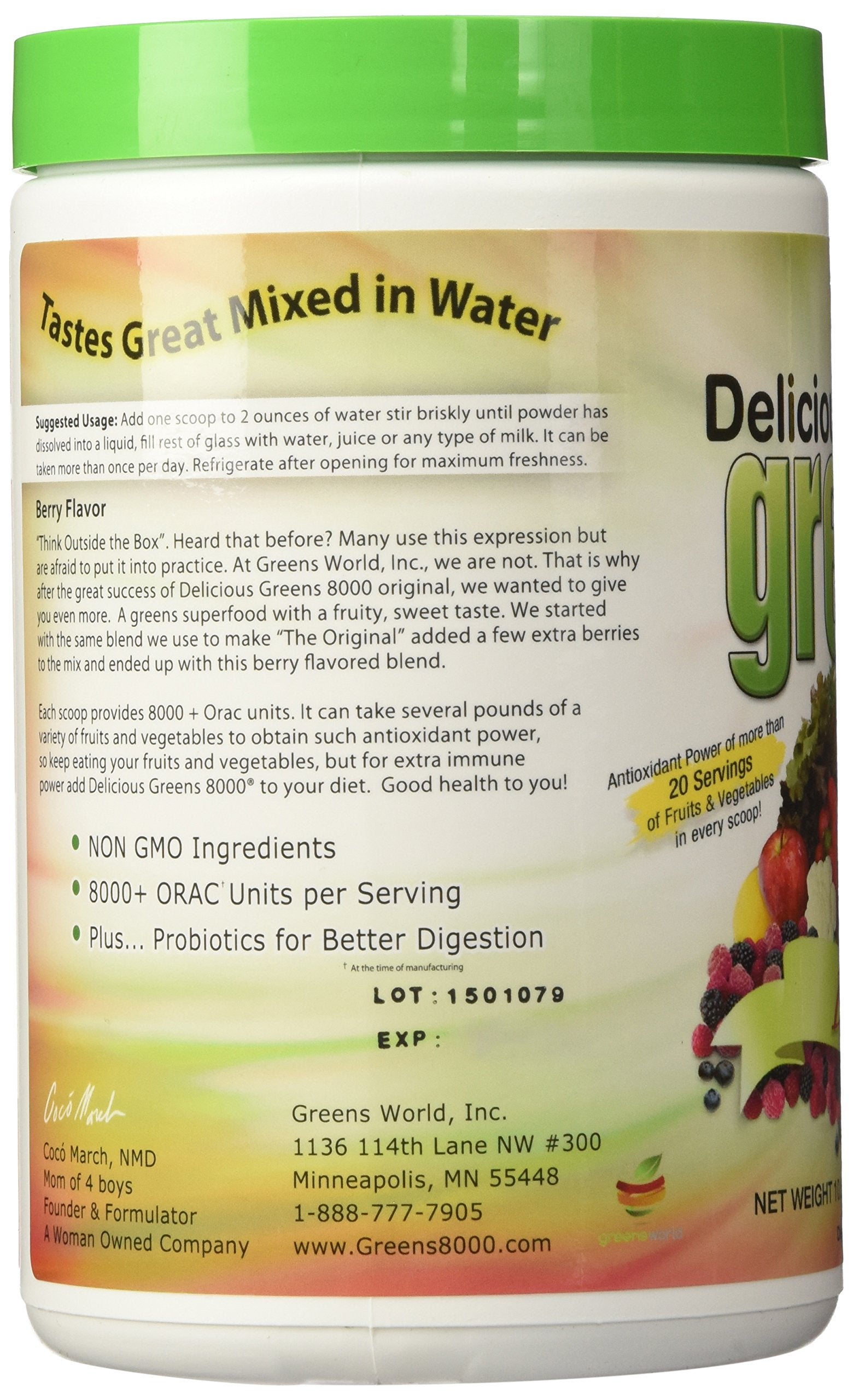 Greens World 8000 Berry Flavour supplement in a glass of water