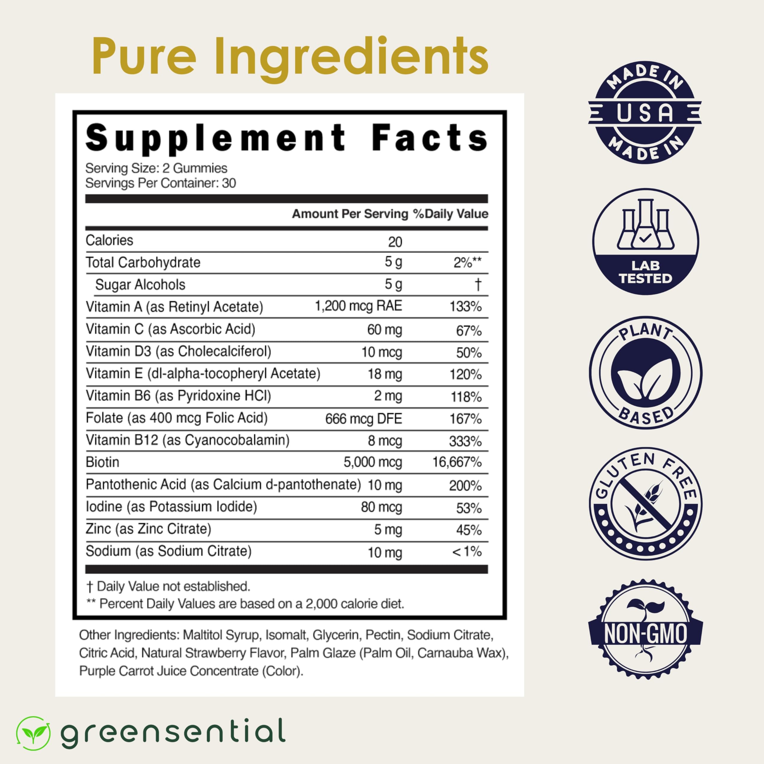 Greensential Heart-Shaped Biotin Gummies 5000mcg packaging