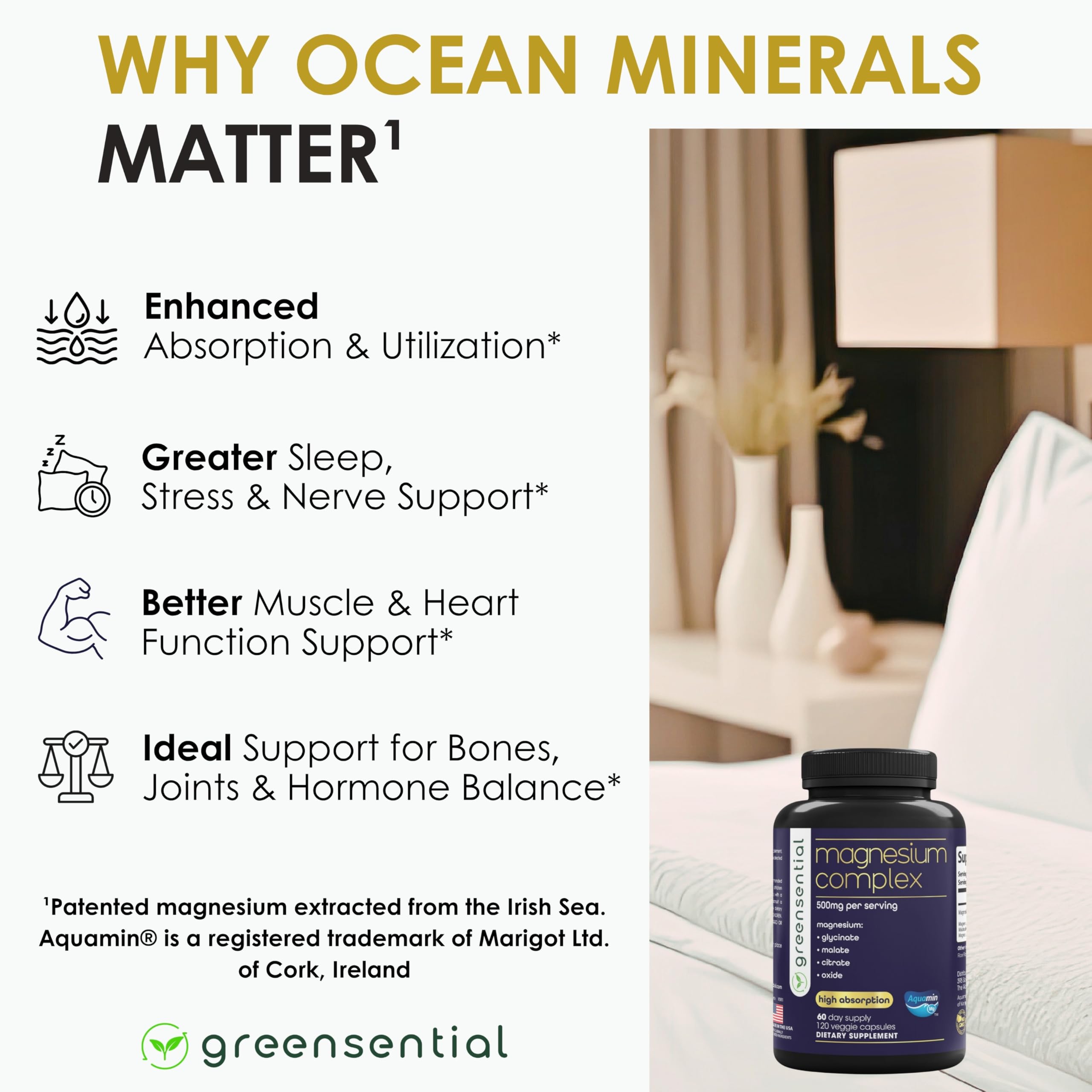 Greensential Magnesium Supplement 500mg capsules in a spoon