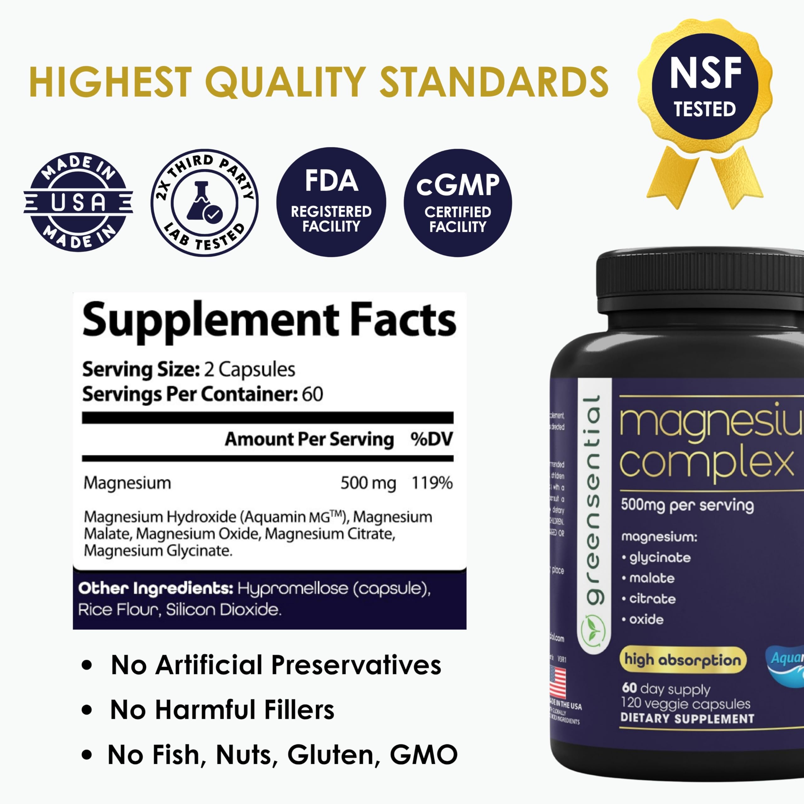 Greensential Magnesium Supplement 500mg side view showing capsules