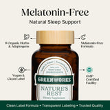 Greenworks Nature's Rest melatonin-free sleep aid bottle with bamboo cap
