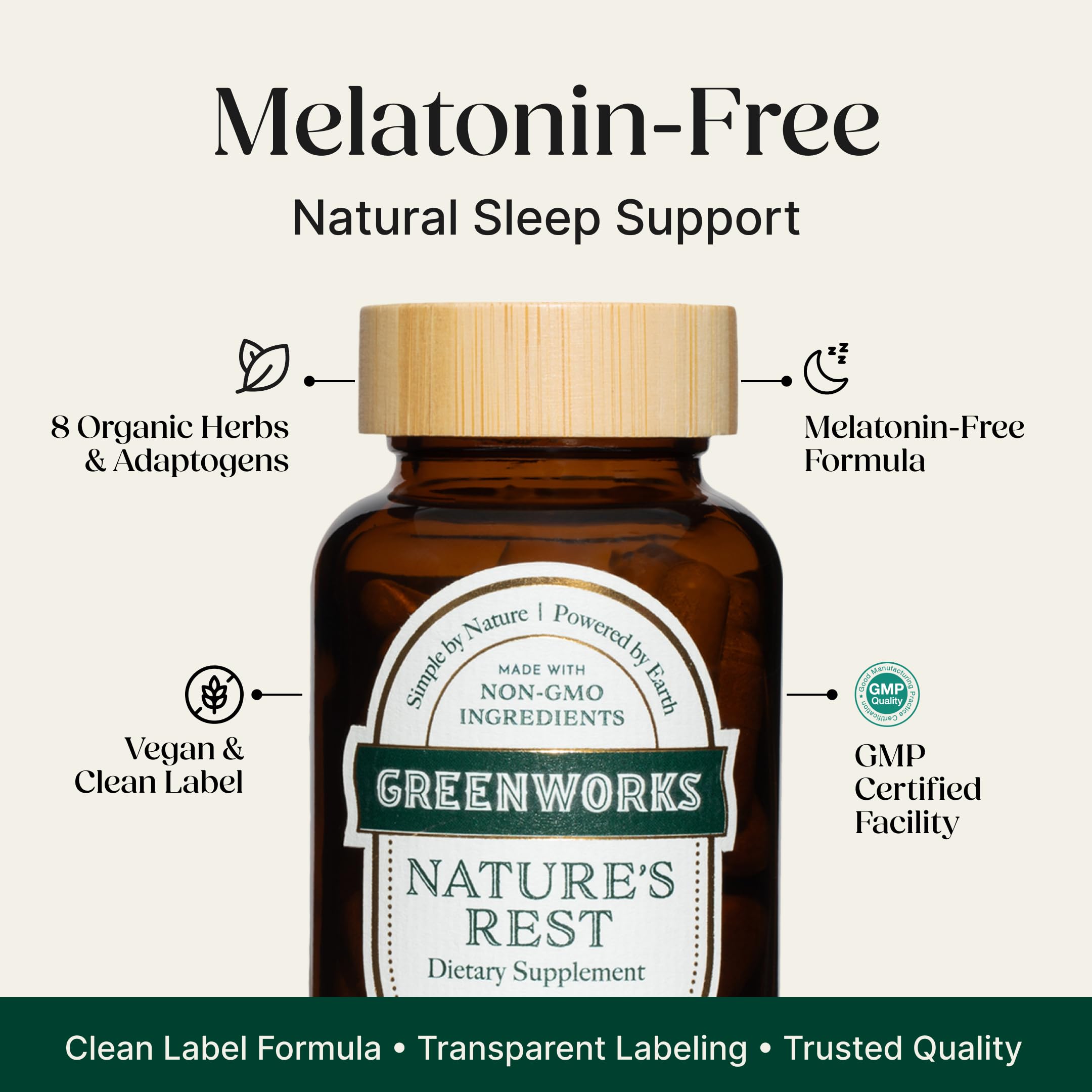 Greenworks Nature's Rest melatonin-free sleep aid bottle with bamboo cap