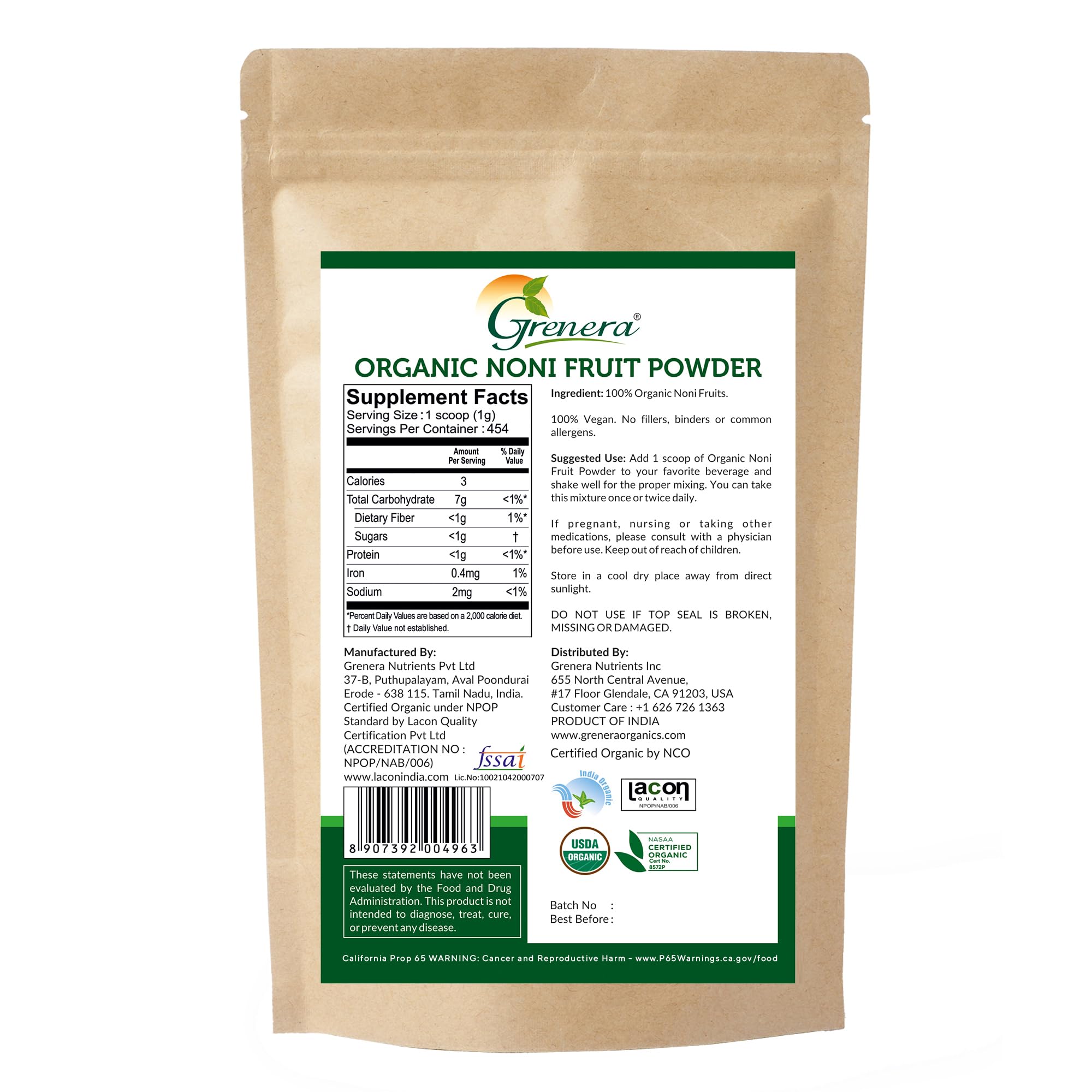 Grenera Noni Fruit Powder 1 lb back view packaging
