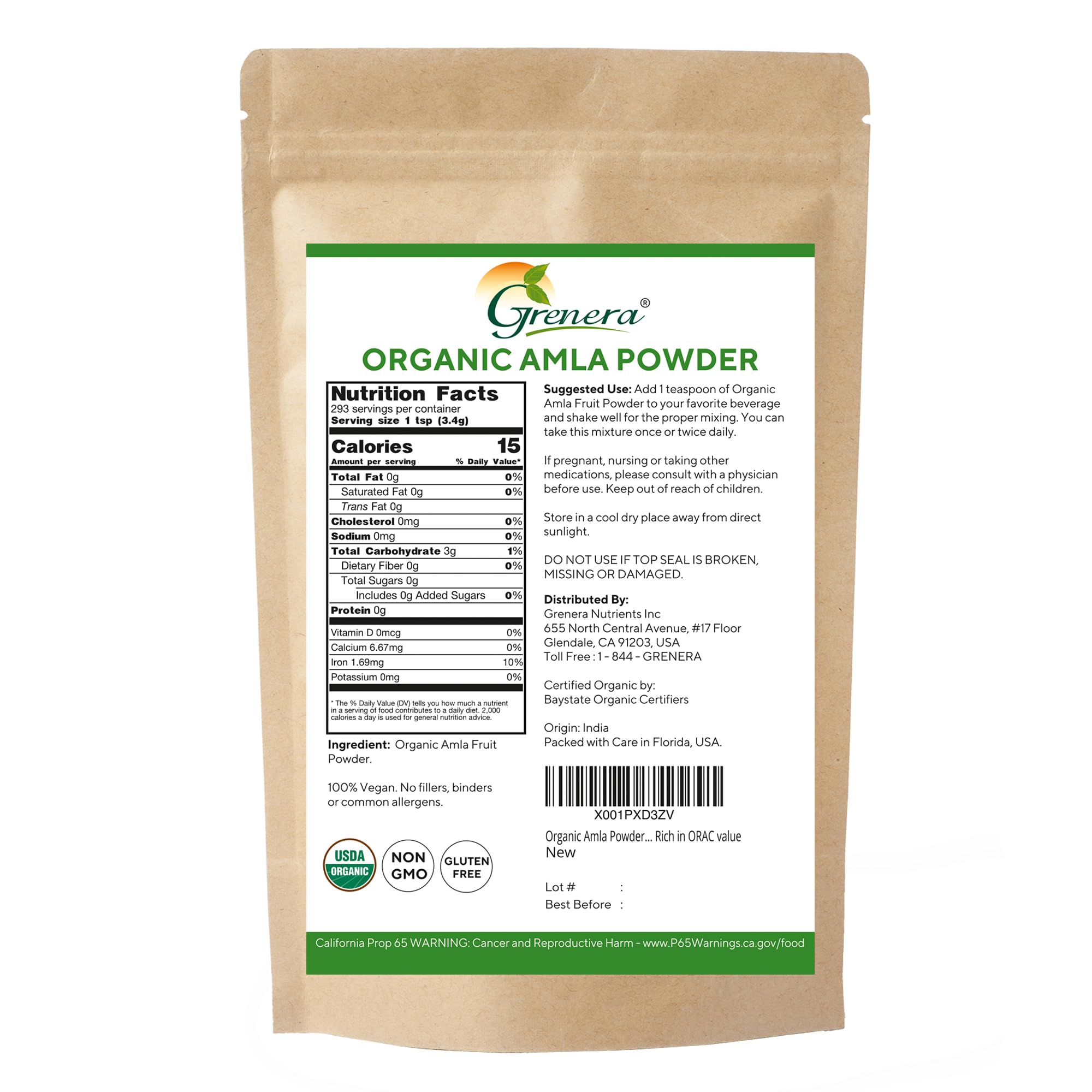Grenera Organic Amla Powder 998g packaging on a wooden table