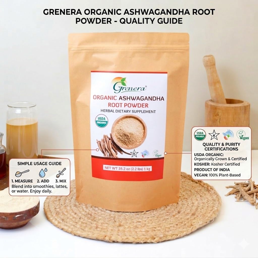 Grenera Organic Ashwagandha Powder on a kitchen counter