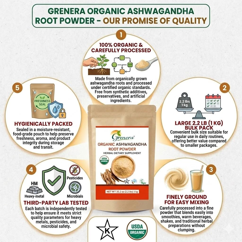 Grenera Organic Ashwagandha Powder with measuring spoon