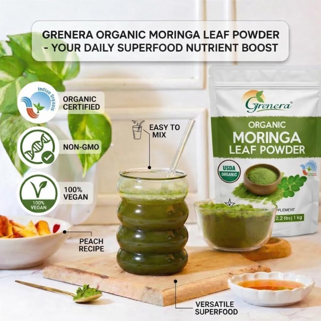 Grenera Organic Moringa Powder 1030g back view with nutritional information