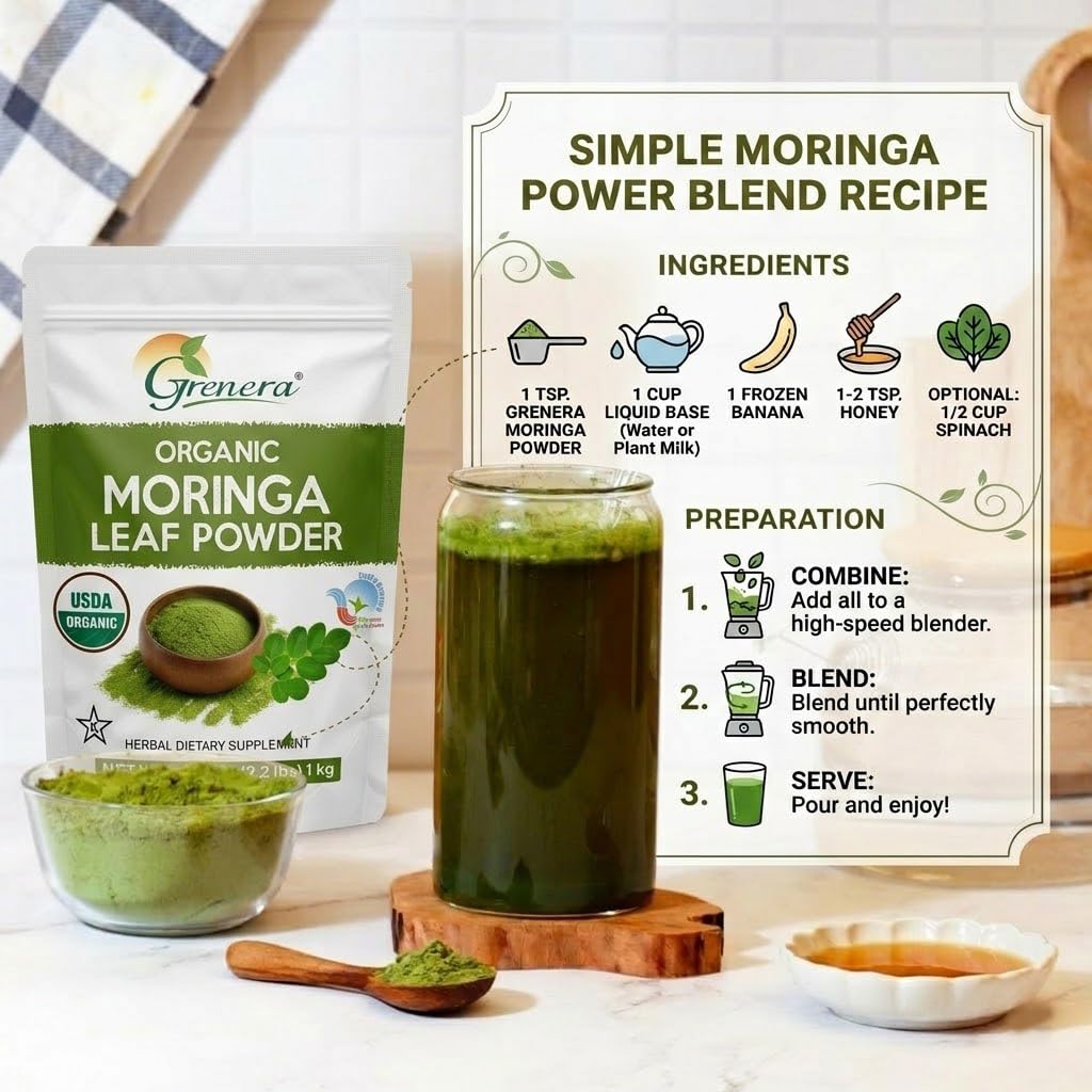 Grenera Organic Moringa Powder 1030g packaging close-up
