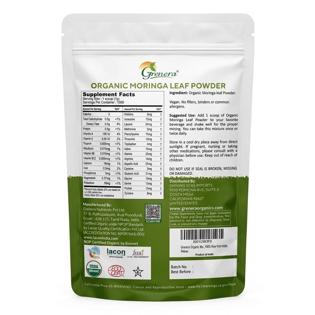 Grenera Organic Moringa Powder resealable pouch on kitchen counter