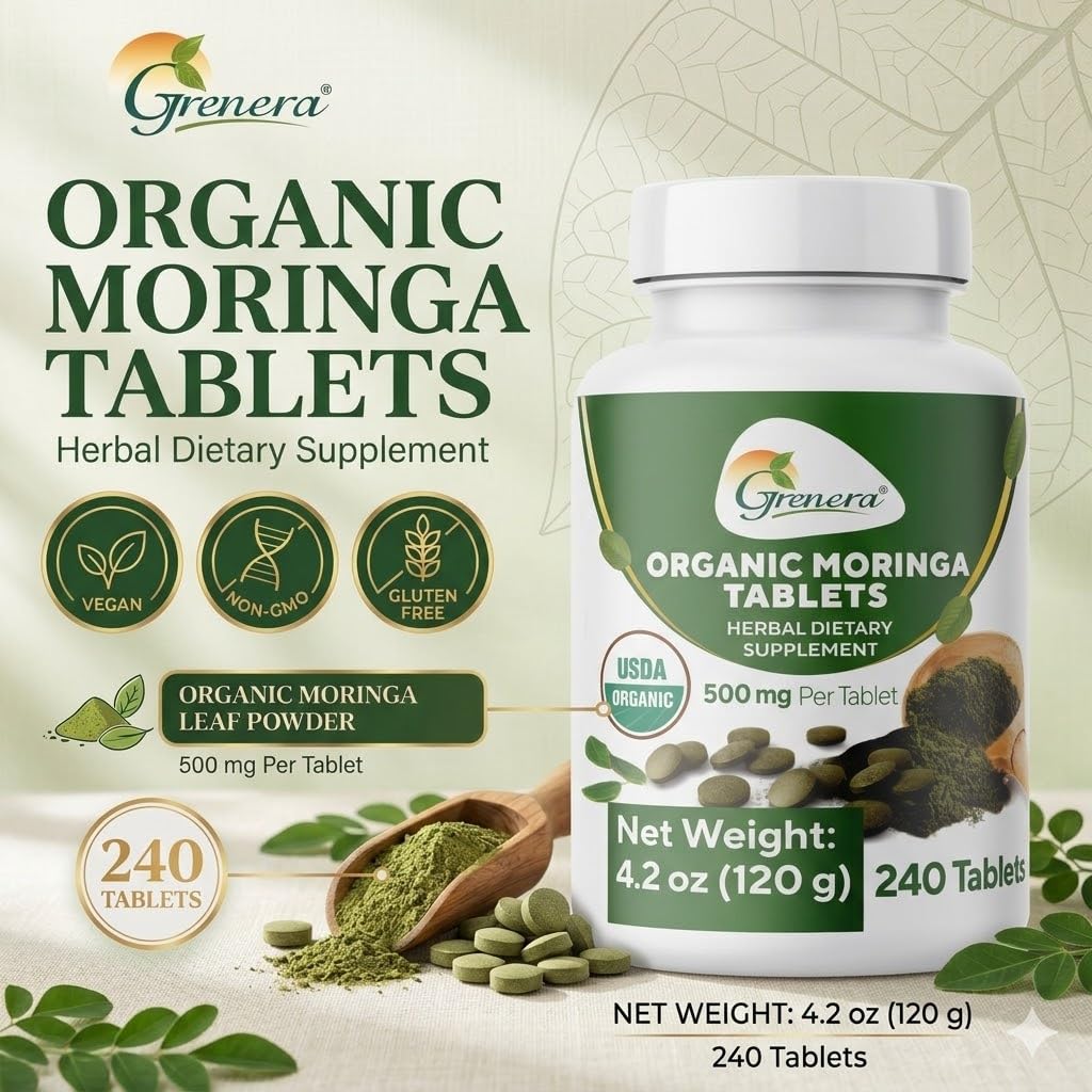 Grenera Organic Moringa Tablets back view with ingredient list