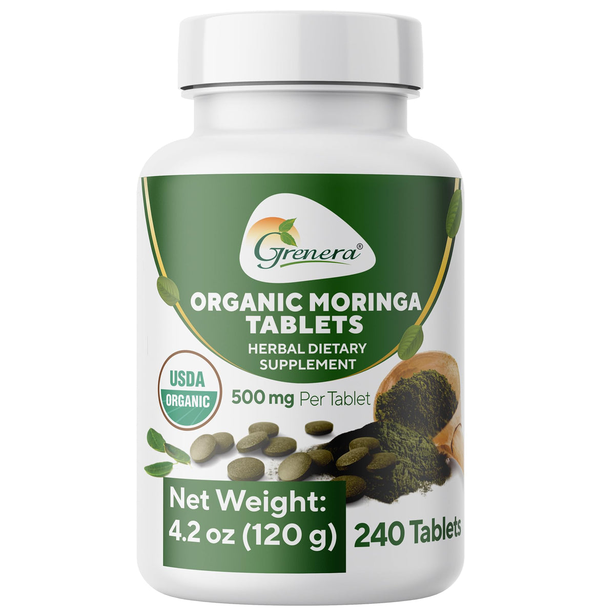 Grenera Organic Moringa Tablets bottle front view with 240 count