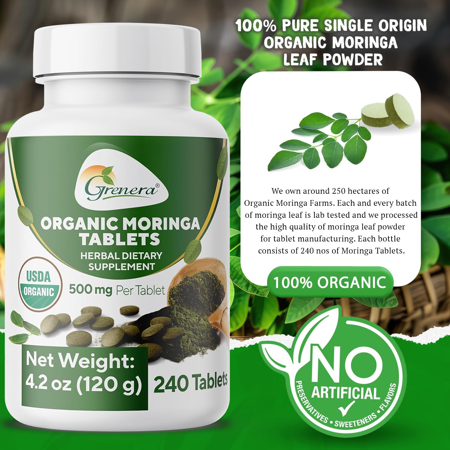 Grenera Organic Moringa Tablets bottle with a measuring spoon