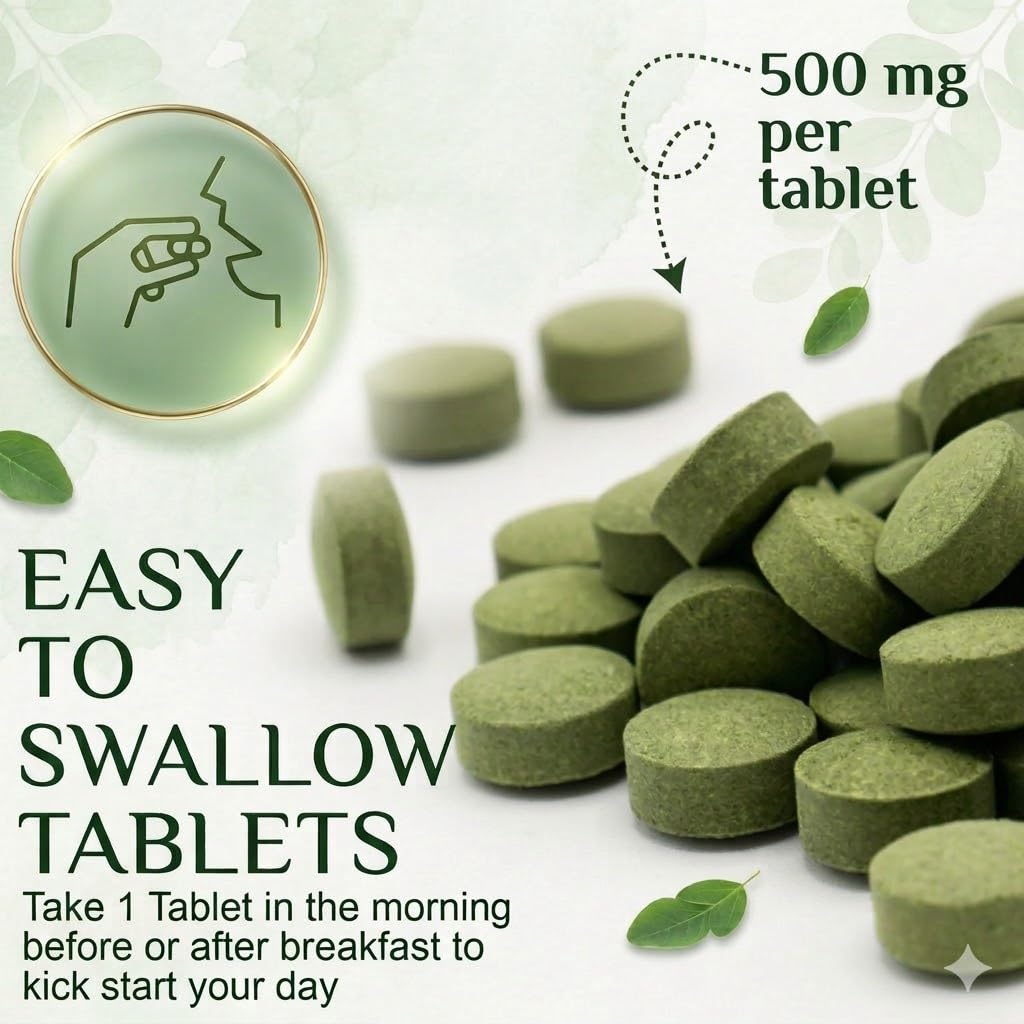 Grenera Organic Moringa Tablets on a wooden table with green leaves