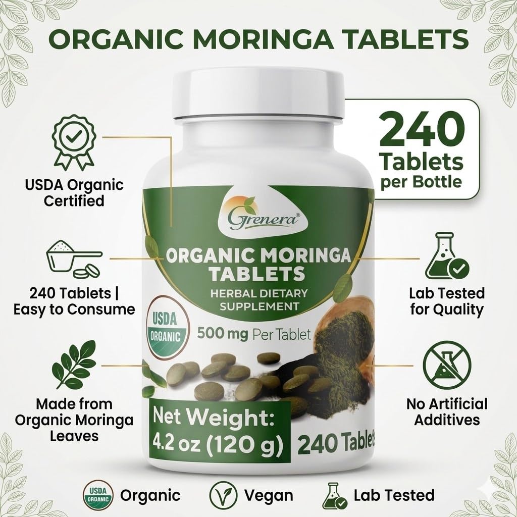 Grenera Organic Moringa Tablets showing uncoated tablet form