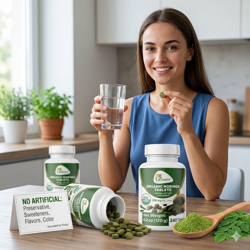 Grenera Organic Moringa Tablets side view with dosage information