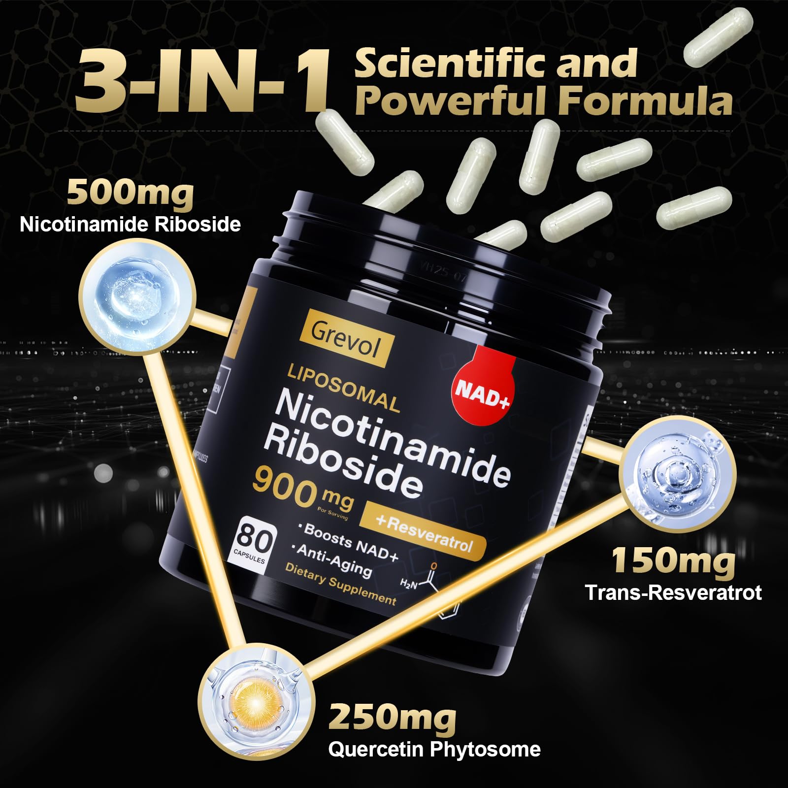 Grevol Liposomal NAD+ Resveratrol Supplement bottle side view