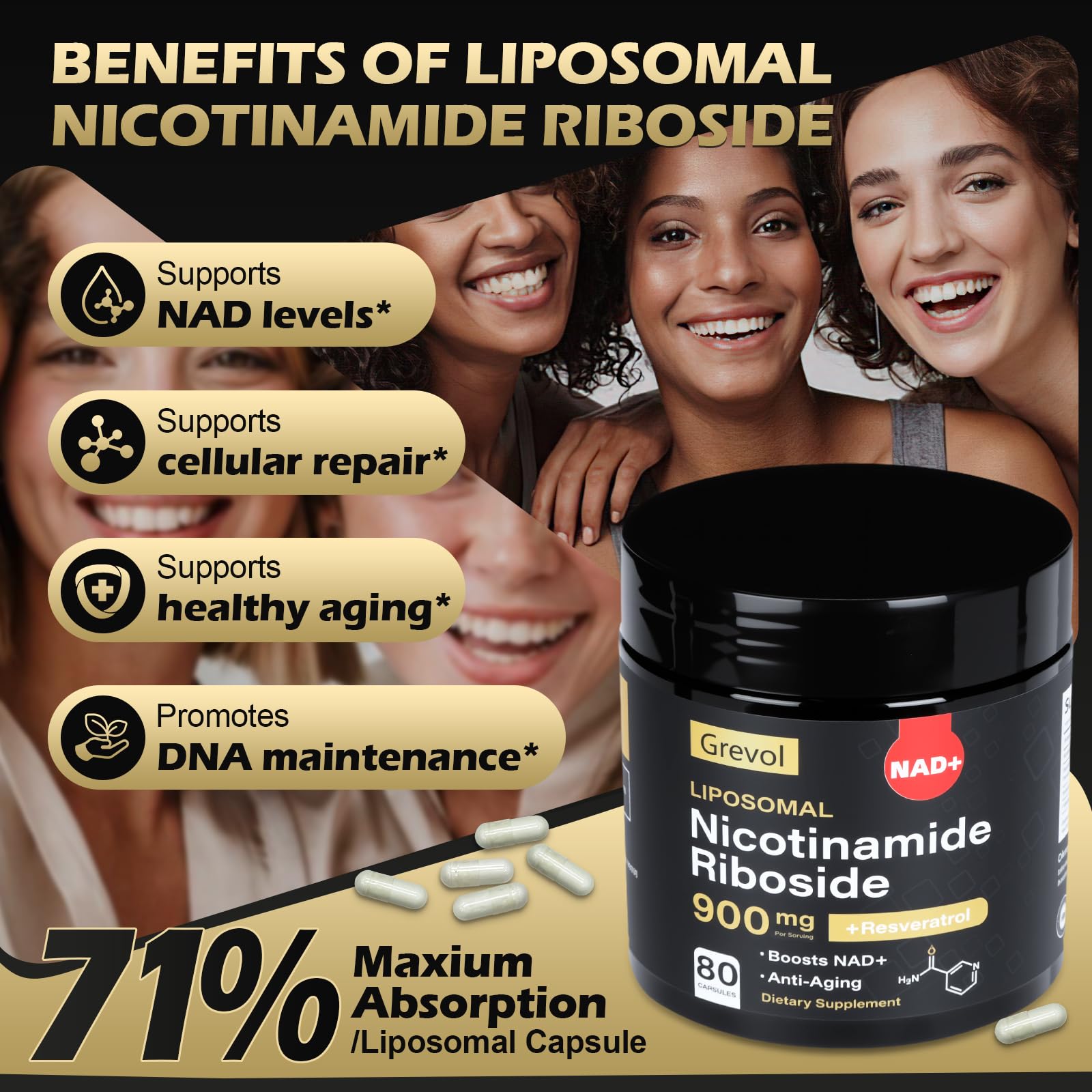 Grevol Liposomal NAD+ Resveratrol Supplement capsules close-up